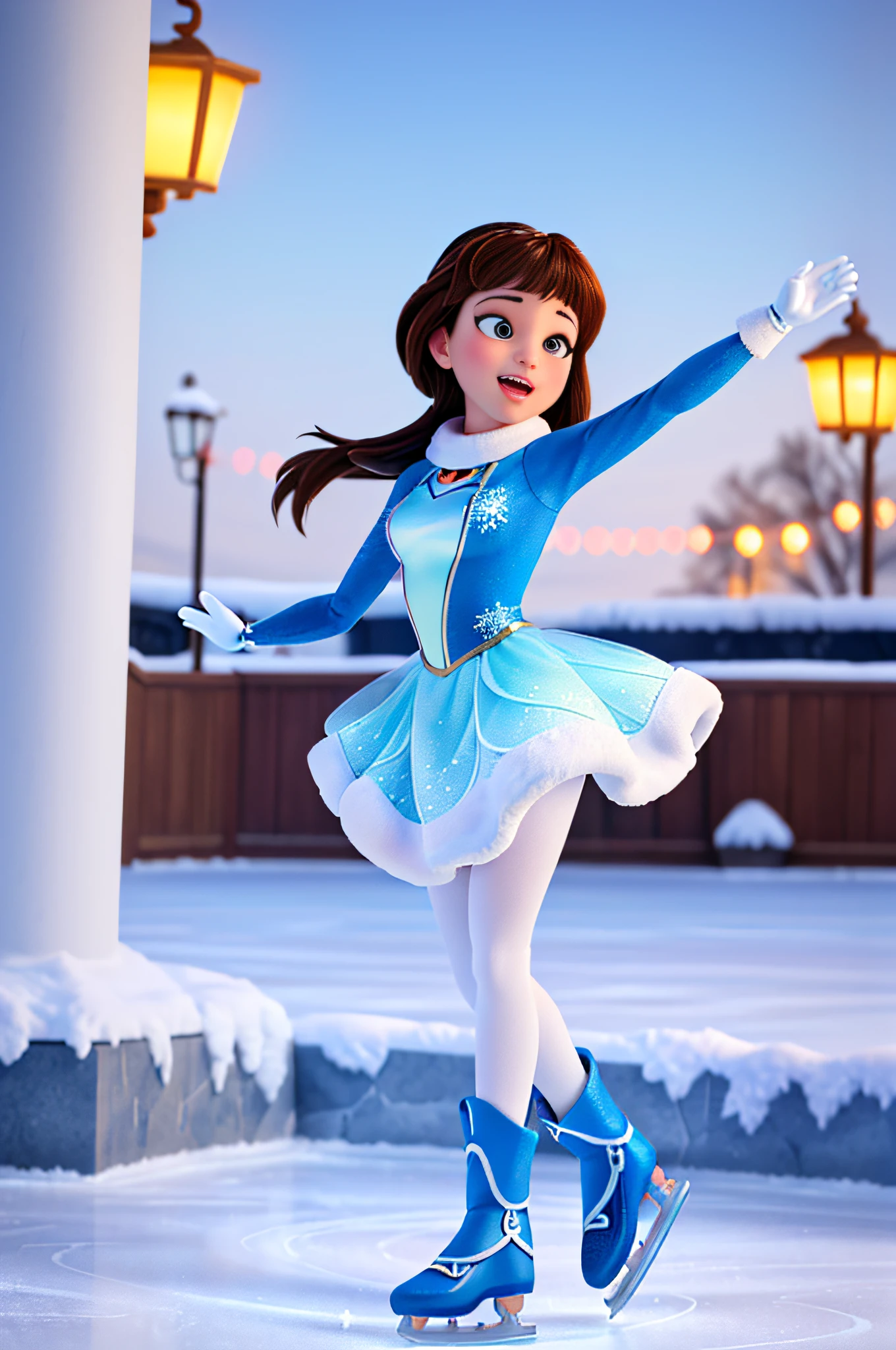 (best quality, 4k, 8k, high resolution, masterpiece: 1.2), ultra detailed, (realistic, photorealistic, photorealistic: 1.37), portraits, Disney Pixar cartoons, beautiful girl ice skating, vibrant colors, ice rink bright, graceful movements, snowflakes, winter wonderland, magical atmosphere, dream scene