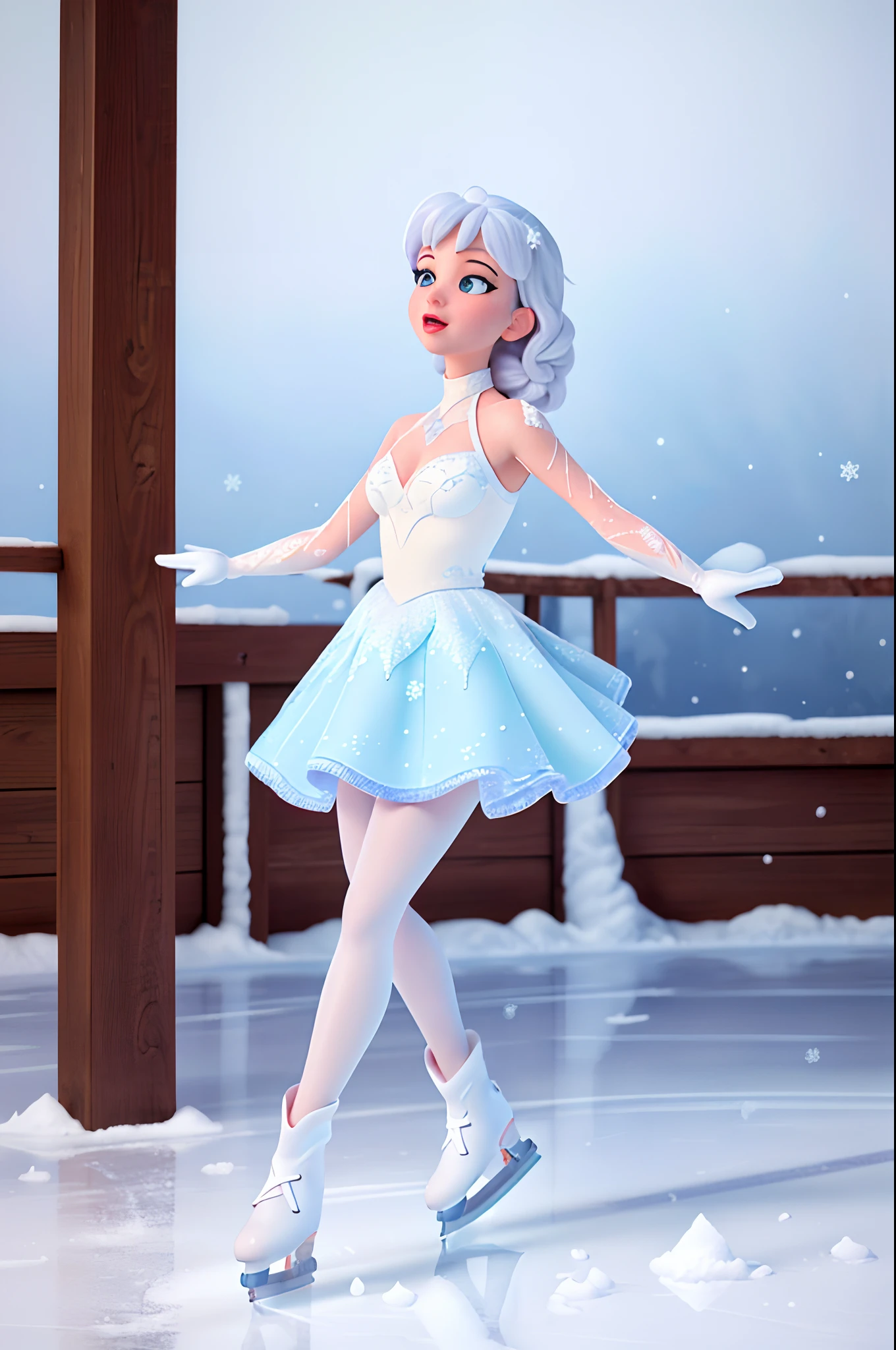 (best quality, 4k, 8k, high resolution, masterpiece: 1.2), ultra detailed, (realistic, photorealistic, photorealistic: 1.37), portraits, Disney Pixar cartoons, beautiful girl ice skating, vibrant colors, ice rink bright, graceful movements, snowflakes, winter wonderland, magical atmosphere, dream scene