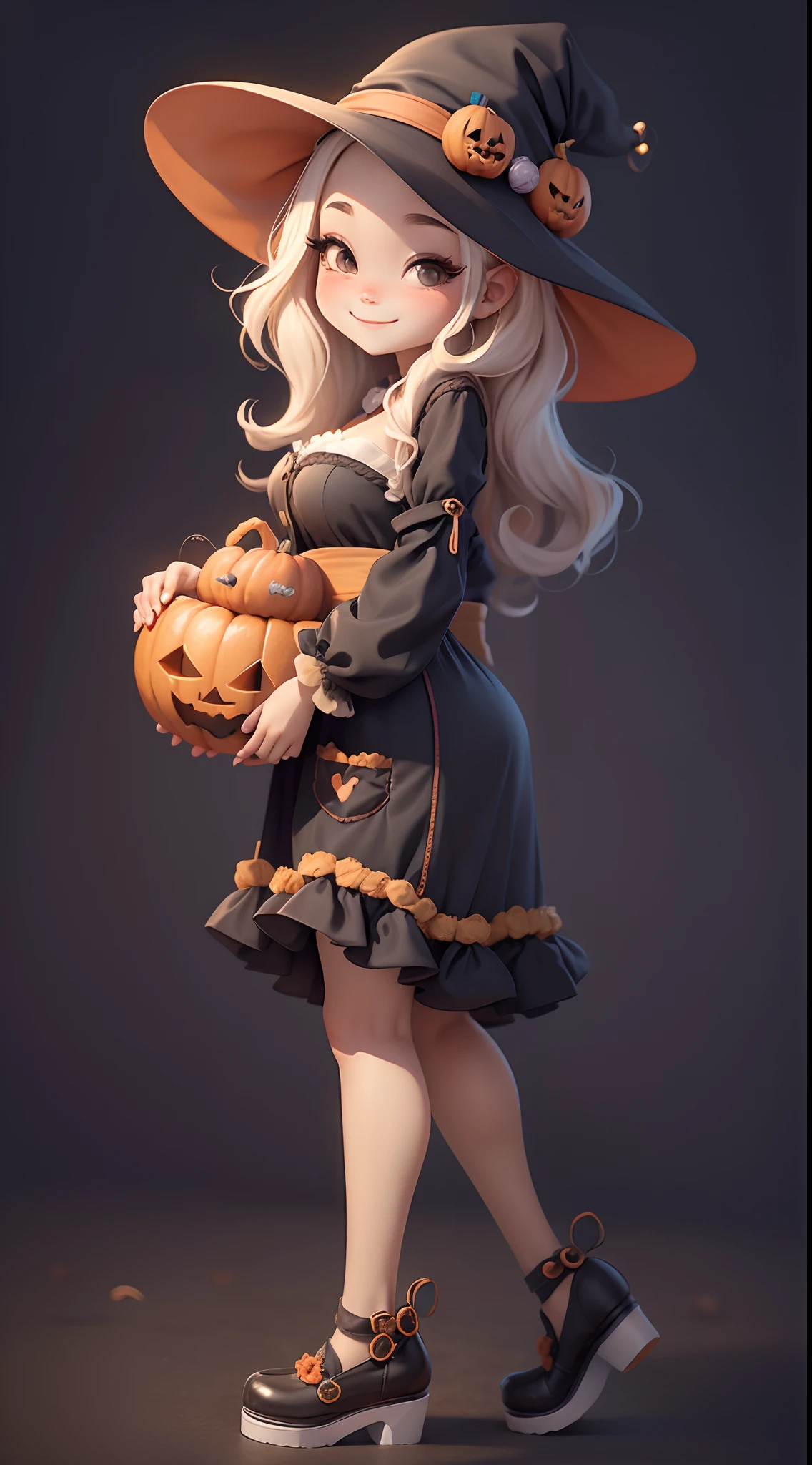 Cute Halloween Theme、full body Esbian、A smile、 wave her hand、Glamorous Hat、Halloween Accessories、Draw clothes buttons and pockets in a Halloween style、Cute shoes、Taken from the side、breasts are large
