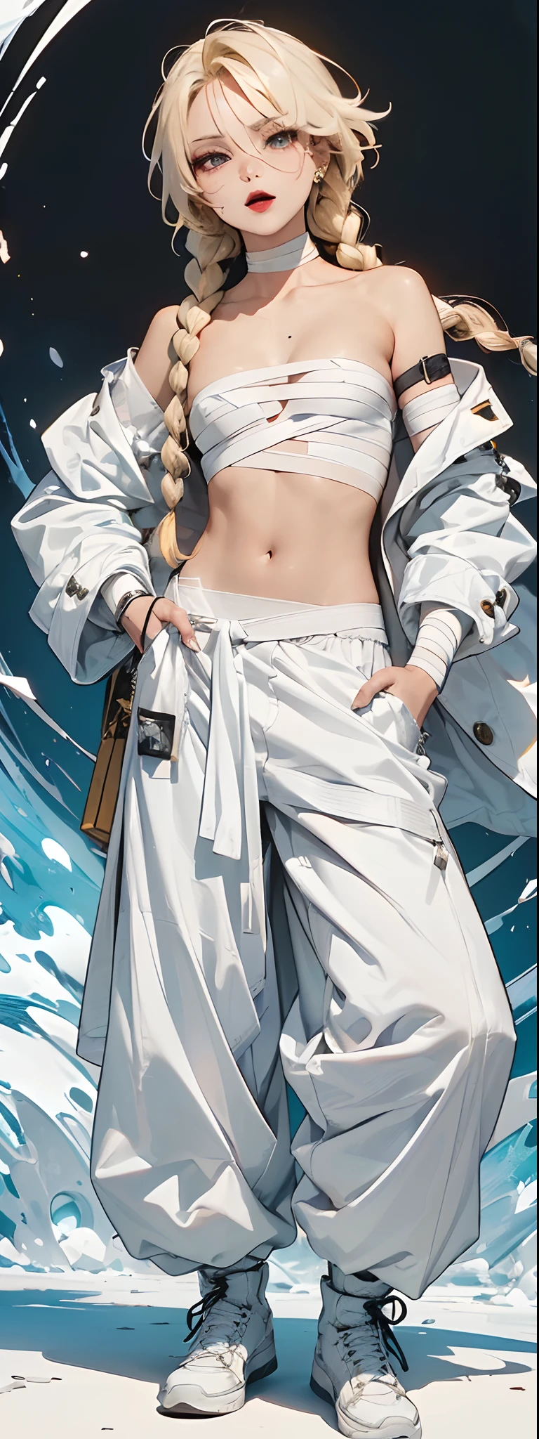 (​master piece:1.4),ultra-quality, Hyper Detailed,Perfect drawing,3D Photography,16K illustrations、(((clearface)))、((Hi-Res))、1 persons、((femele))、Abazure、Keep your hands in your pants pockets、(((a blond)))、(((Braids)))、The tattoo、(((Whitening skin)))、((black lipstick))、(Raised corners of the eyes)、((Outrage:1.1))、((chin raised))、(((opens his eyes wide)))、((despise:1.2 )),((glares:1.3 ))、((half-opened mouth))、((Wrinkles between the eyebrows))、(numerous piercings in the ears),BREAK (White theme:1.5), (All-white costume:1.5), (Light long white coat:1.4), (A fusion of white strapless and white bandage:1.4), ((Wrap a white bandage on the torso):1.5), ((White oversized pants, White baggy pants):1.4), (Laced boots:1.2),gulf coast、Embankments、motor bikes、beatiful backgrounds、spot light、Vibrant colors、(((Detailed drawing)))、Perfect Beautiful Girl、(((Perfect Photo)))