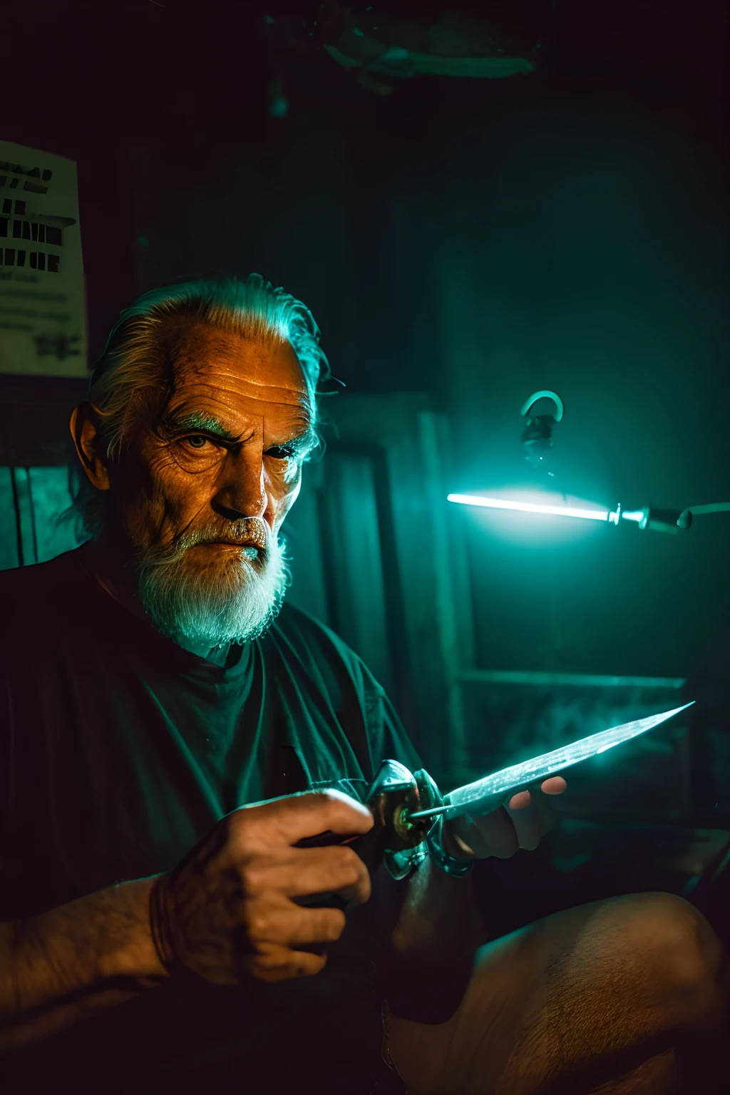 Scary old man, country night, knife