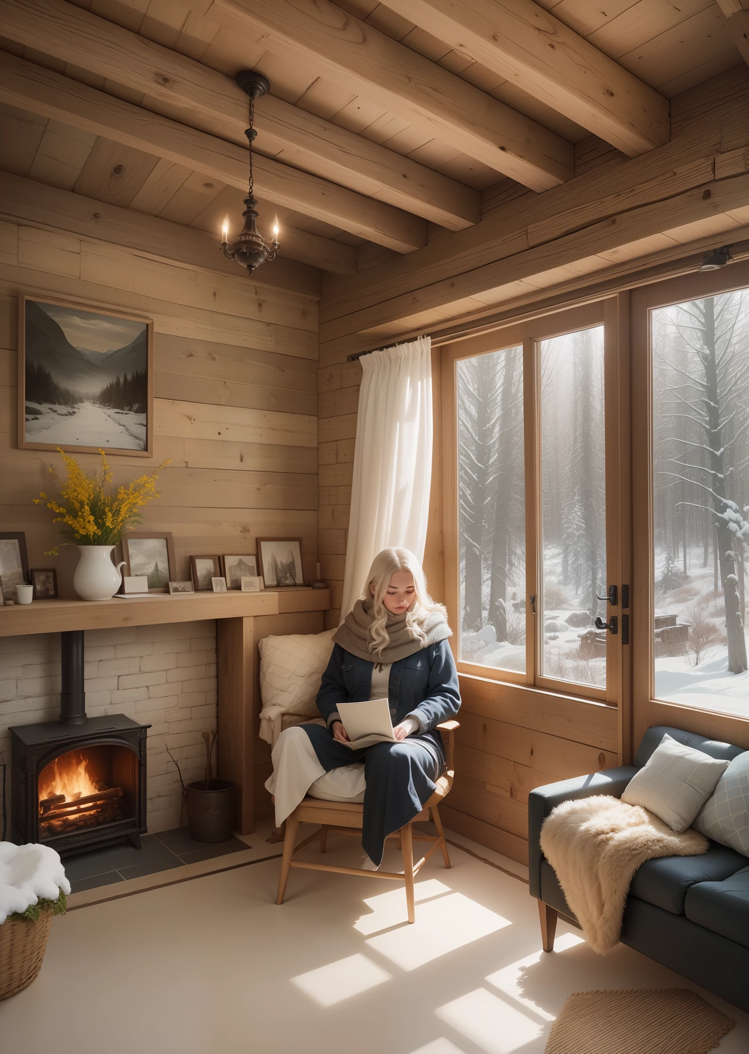 a cozy, rustic cabin tucked away in the mountains, softly blanketed by fresh snow. The cabin is well-appointed with a snug space on the top designated as an attic room which houses a comfortable bed positioned perpendicular to windows that provide ample nature light and breathtaking views of the imposing snow-clad mountains around. Adjacent to this sleeping sanctuary is a simple yet functional bathroom, illuminated by two vintage lamps and a window that ushers in the soft glow of winter sunlight bouncing off the snow-laden landscape outside. The bedrooms transition beautifully into a warm, welcoming living space nestled by an alluring fireplace, it is an ideal spot to curl up with a book from the teeming book shelf. Adding a touch of comfort and tranquility to this space, a woman is to be seen engrossed in a book near the fireplace, perhaps finding warmth and solace in both the glowing embers and the engaging pages.The cabin combines simplicity with convenience striking a beautiful balance as it serves a refuge offering the warmth and comfort of a home while surrounded by the chilly but inspiring presence of nature. --auto --s2