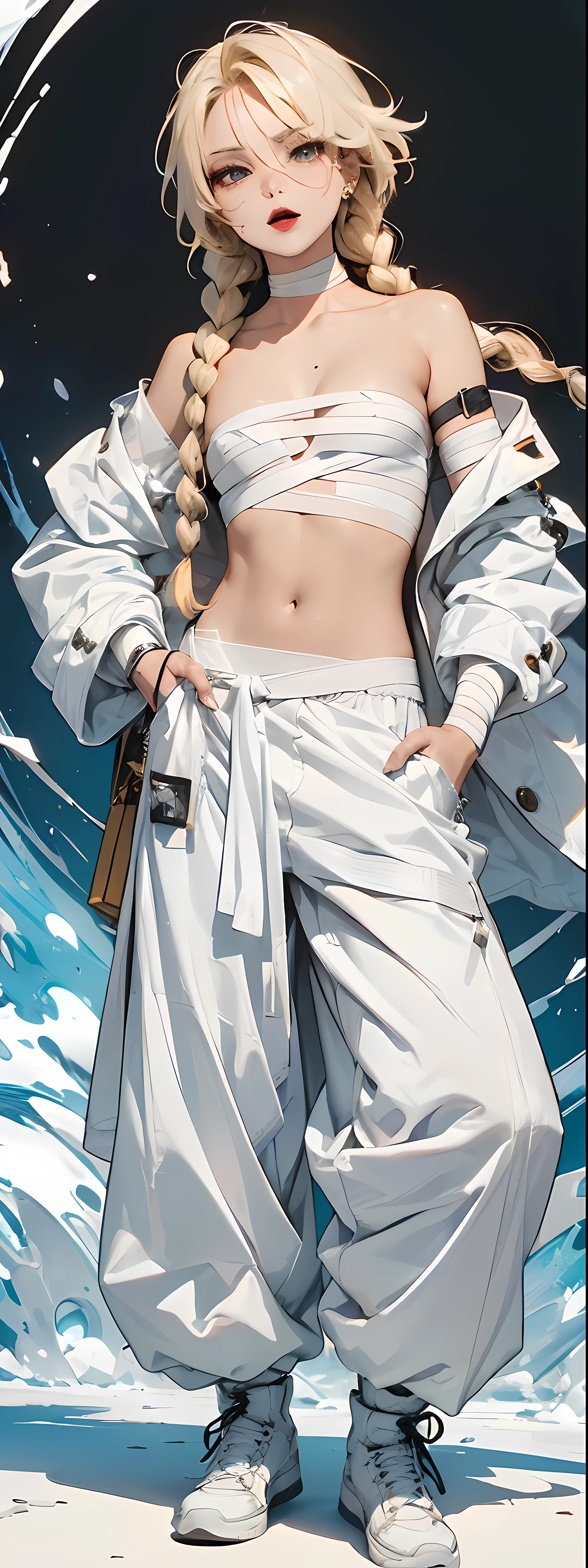 (master piece:1.4),ultra-quality, Hyper Detailed,Perfect drawing,3D Photography,16K illustrations、(((clearface)))、((Hi-Res))、1 persons、((femele))、Abazure、Keep your hands in your pants pockets、(((a blond)))、(((Braids)))、The tattoo、(((Whitening skin)))、((black lipstick))、(Raised corners of the eyes)、((Outrage:1.1))、((chin raised))、(((opens his eyes wide)))、((despise:1.2 )),((glares:1.3 ))、((half-opened mouth))、((Wrinkles between the eyebrows))、(numerous piercings in the ears),BREAK (White theme:1.5), (All-white costume:1.5), (Light long white coat:1.4), (A fusion of white strapless and white bandage:1.4), ((Wrap a white bandage on the torso):1.5), ((White oversized pants, White baggy pants):1.4), (Laced boots:1.2),gulf coast、Embankments、motor bikes、beatiful backgrounds、spot light、Vibrant colors、(((Detailed drawing)))、Perfect Beautiful Girl、(((Perfect Photo)))