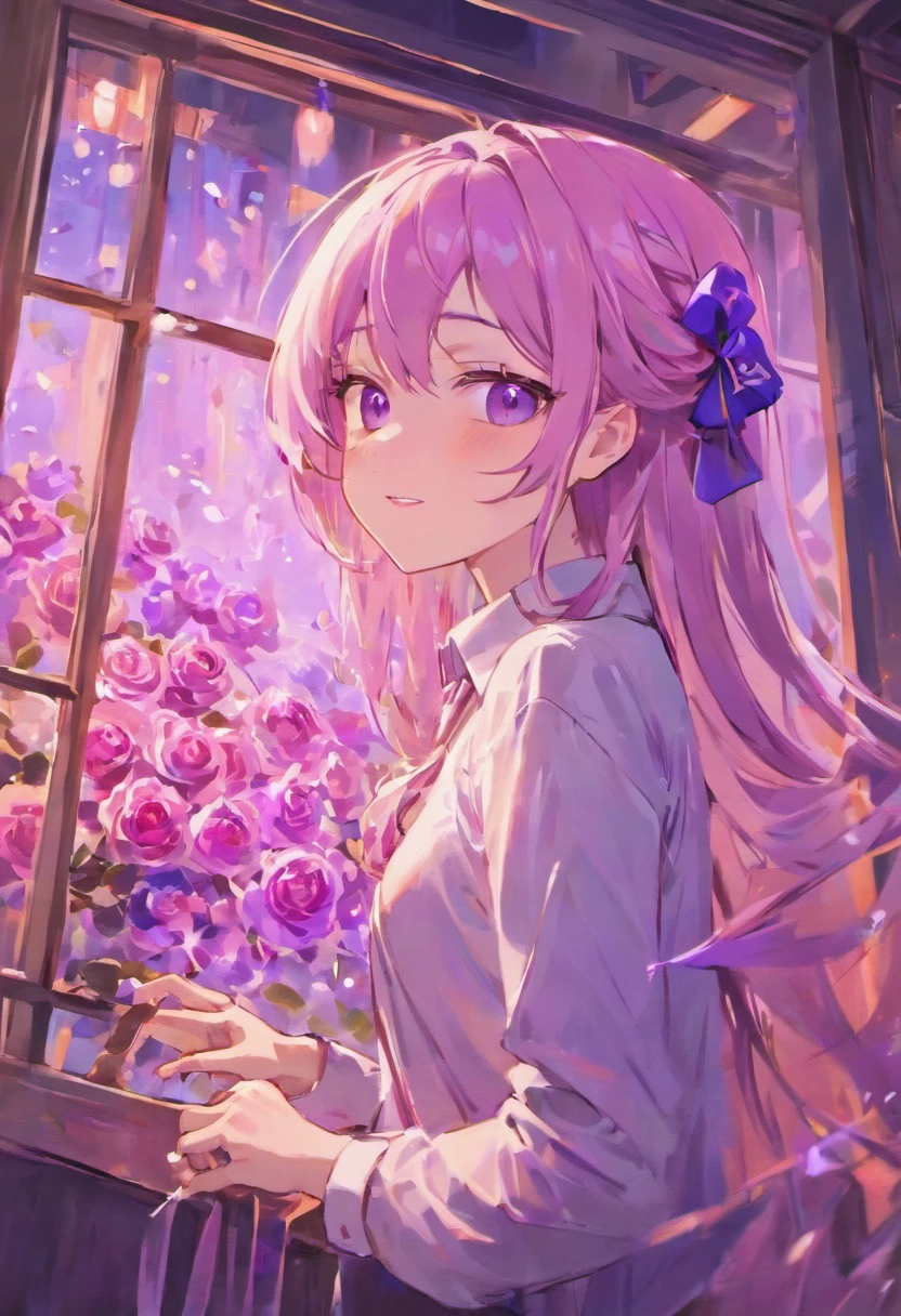 comfortable smile,25 man,be looking straight ahead,solo,long white&purple hair, purple eyes, white shirt, upper body, holding mauve roses, fantasy beautifully lit window,masterpiece