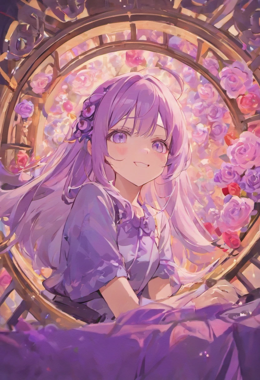 comfortable smile,25 man,be looking straight ahead,solo,long white&purple hair, purple eyes, white shirt, upper body, holding mauve roses, fantasy beautifully lit window,masterpiece