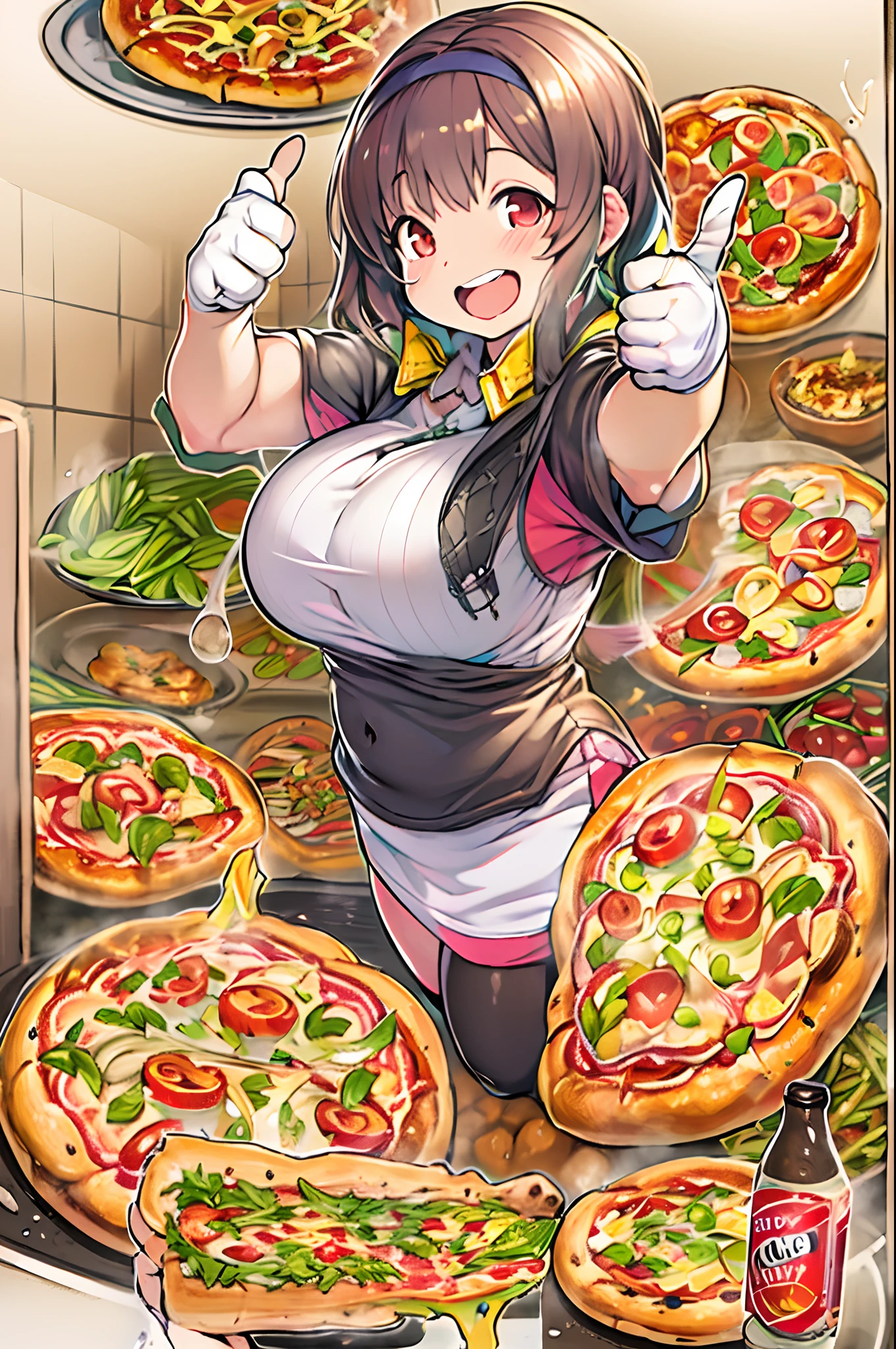 nemona \(pokemon\) working as a pizza delivery girl, nudity, masterpiece, candid photo, big eyes, (detailed face), green highlight in hair, ponytail, enormous breasts, choker with bell, (((holding a tray with a pizza on it)), setting is a front porch, earrings, high detail, ultra-detailed, retro, [big lips], massive breasts, exposed breasts, toned body, 1girl, solo, massive breasts, pubic hair, long hair, slutty pose, ((nudity)), smile:0.3, looking at viewer, dark skin