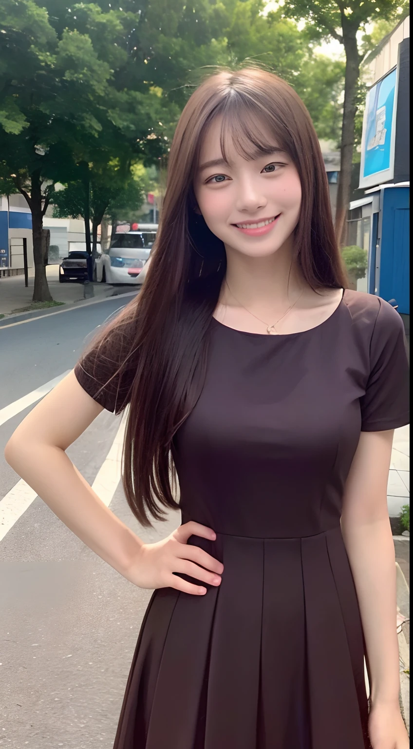 ((top-quality、8k、masterpiece:1.3))、1girl in、a smile、full bodyesbian、Slim Faces、Pretty women、(dark brown hair)、Full-length dresses:1.1、hyperdetailed face、A detailed eye、二重まぶた、blured background、Slim Faces、城市、takeout、a street、hi-school girl、Nasty sexual smile