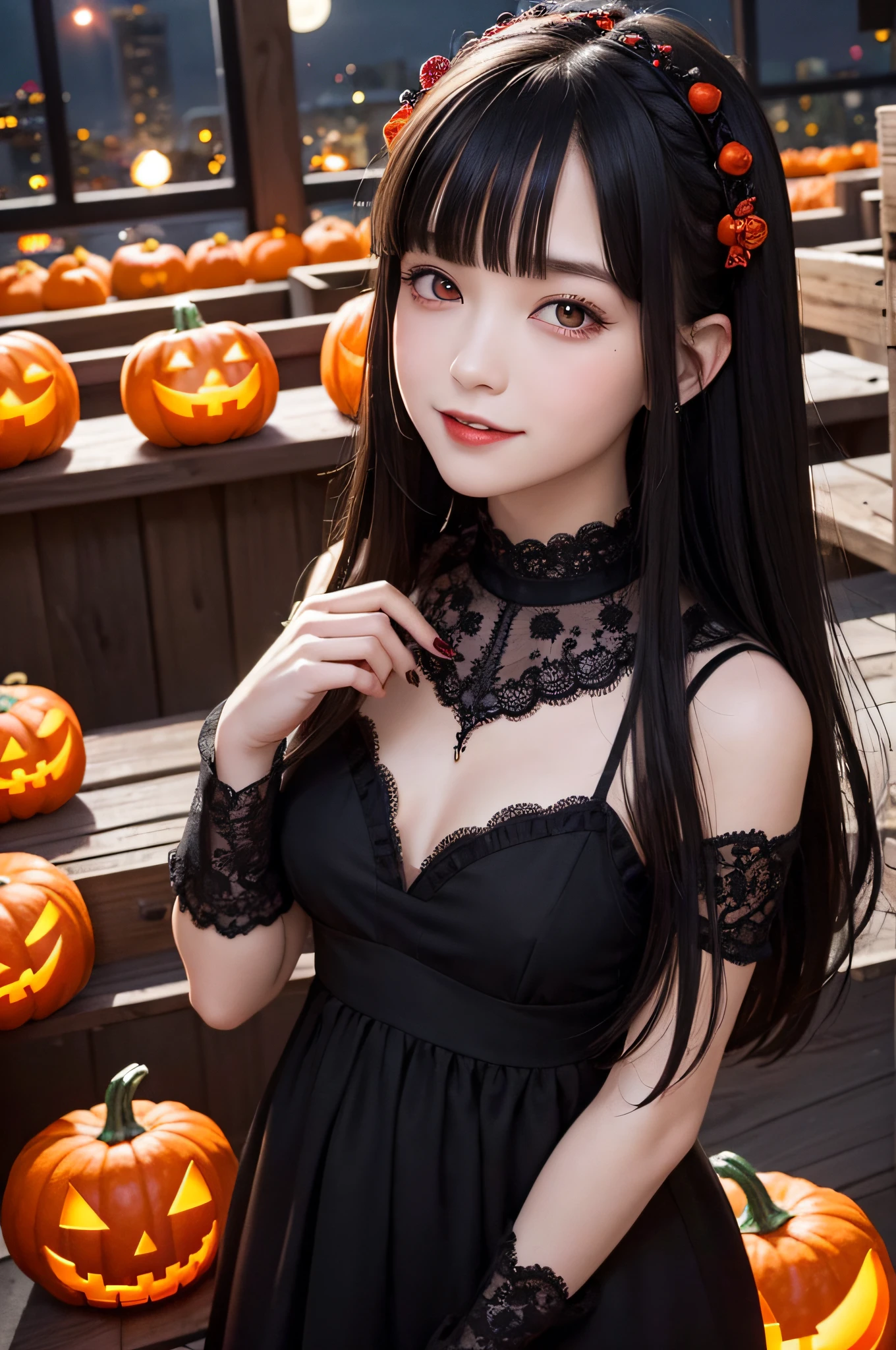 ​masterpiece、top-quality、ultra-detailliert、Halloween, pumpkins, Long Black Hair, Red Eyes, Smile, Blunt bangs, Ahoge, Night, Pointed ears, Little Devil Hornhead, Moon, Vampire