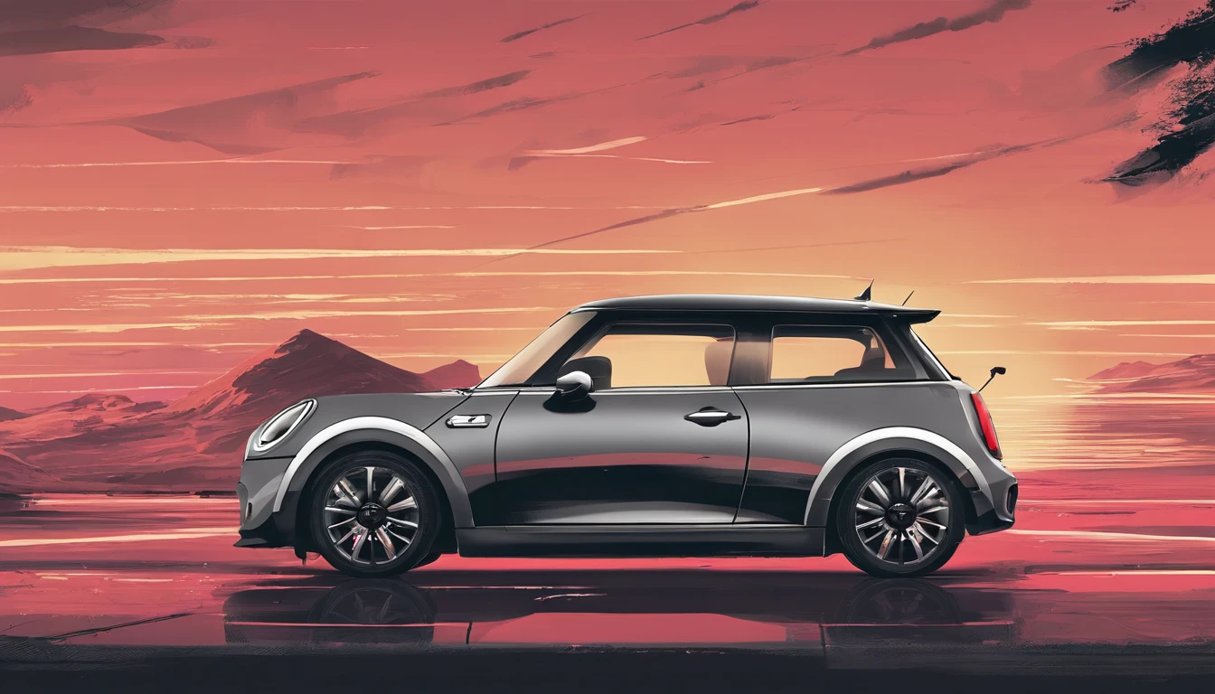 a mini Cooper identical to the real one in front of the sunset, linhas suaves, Arte do adesivo vetorial, black and white strokes, estilo vetor, 8k