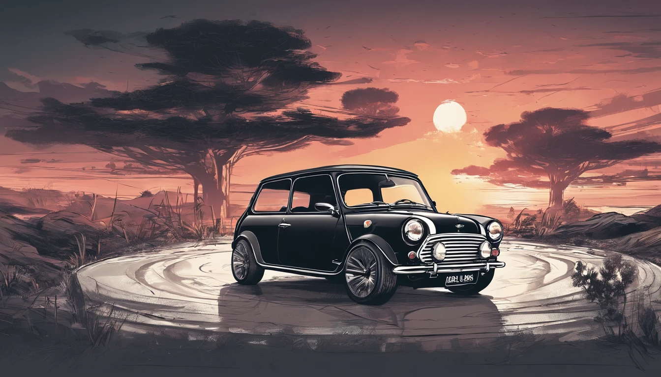 a mini Cooper identical to the real one in front of the sunset, linhas suaves, Arte do adesivo vetorial, black and white strokes, estilo vetor, 8k
