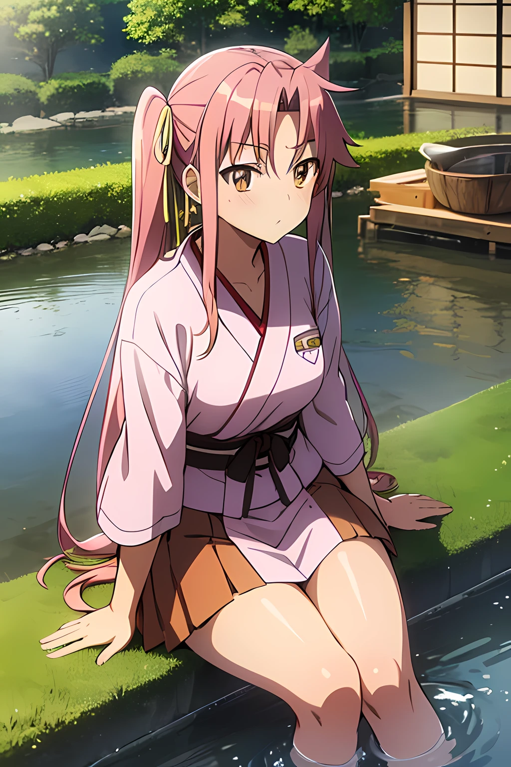 saya takagi, long hair, ribbon, twintails, (brown eyes:1.5), hair ribbon, pink hair, red cheeks, best quality, masterpiece, Japanese village house,pond on the background, slightly sideways, looking at viwer, legs in view, lilac color Japanese kimono, nighttime, purple-orange Faint glow lighting