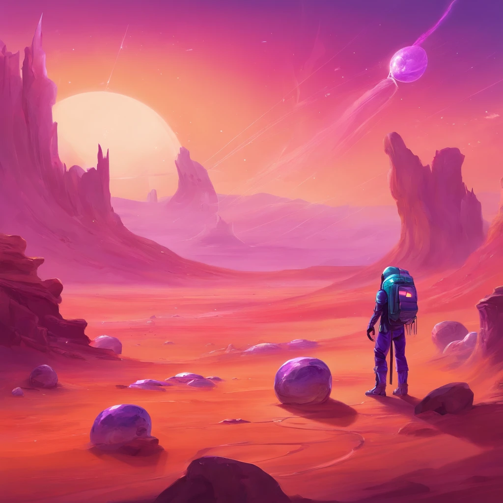 a courier in a purple suit on the planet Mars. next to the quarry is a small octopus. the octopus is cute, purple in color
