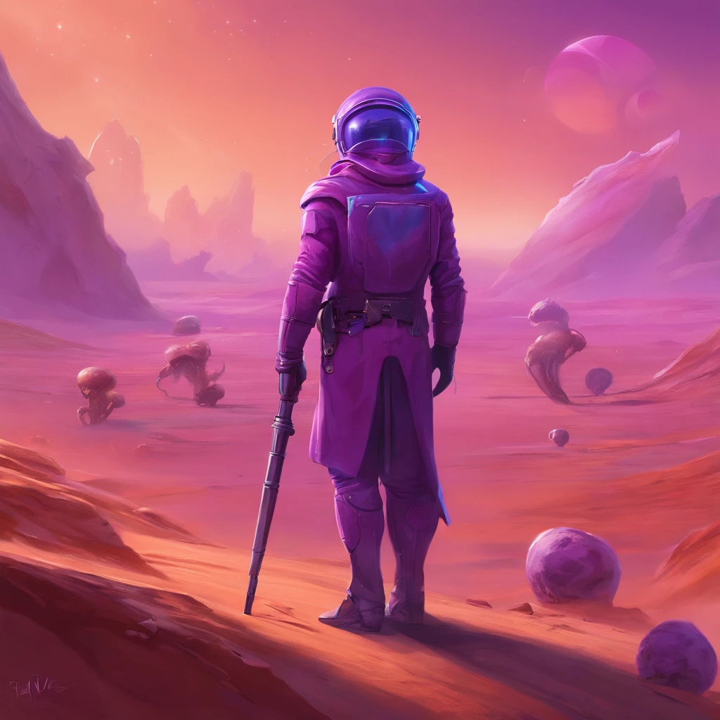 a courier in a purple suit on the planet Mars. next to the quarry is a small octopus. the octopus is cute, purple in color