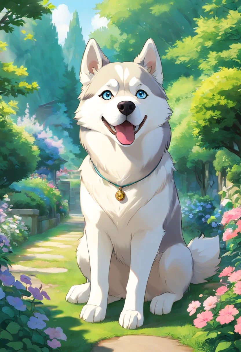 Siberian Husky looks into the camera with a look of surprise and bewilderment, Turn your head to the side and look, In the beautiful gardens、Marital Dog