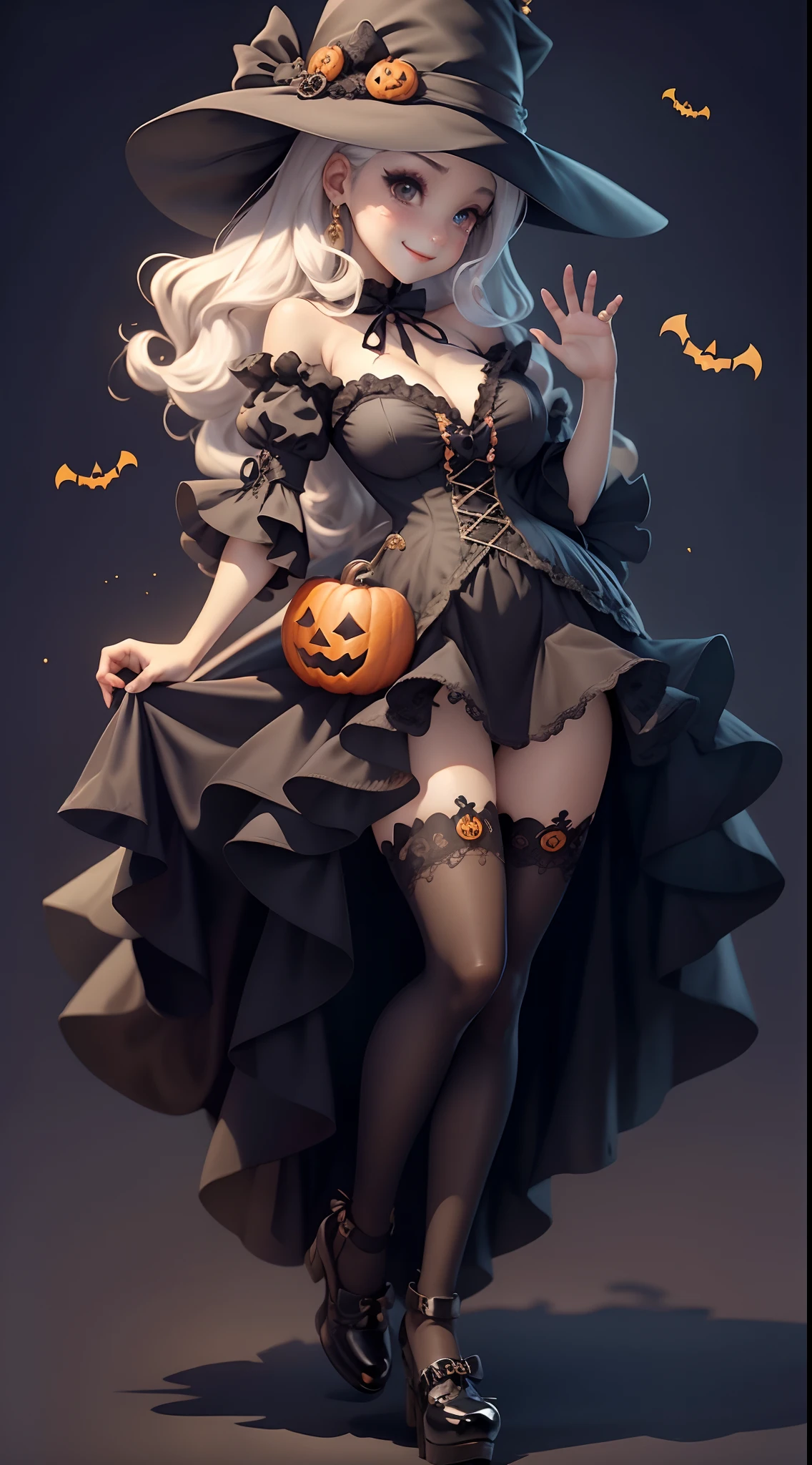 Cute Halloween Theme、full body Esbian、Eye Up、A smile、 wave her hand、Glamorous Hat、Halloween Accessories、Draw clothes buttons and pockets in a Halloween style、Cute shoes、breasts are large