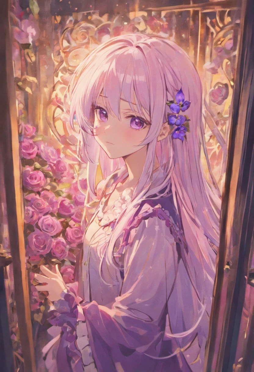 comfortable smile,man,be looking straight ahead,solo,long white&purple hair, purple eyes, white shirt, upper body, holding mauve roses, fantasy beautifully lit window,