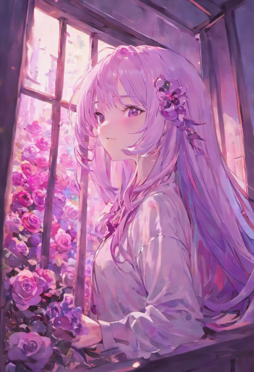 comfortable smile,man,be looking straight ahead,solo,long white&purple hair, purple eyes, white shirt, upper body, holding mauve roses, fantasy beautifully lit window,