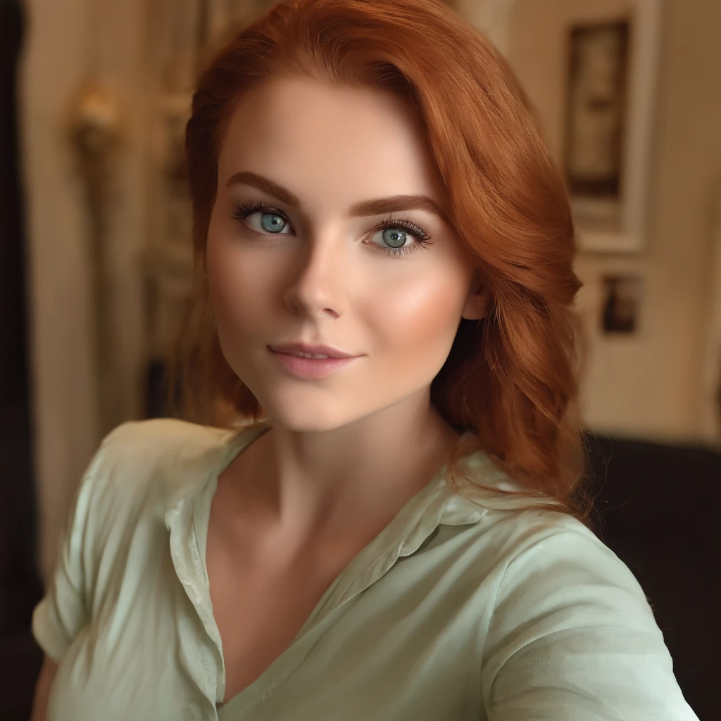 Beautyful 21 years irish girl, sexy girl with green eyes, ultra realistic, meticulously detailed, portrait, As ginger hair and large eyes, selfie of a young woman, dubai eyes, violet myers, without makeup, natural makeup, looking directly at the camera, face with artgram, subtle makeup, stunning full body shot kneeling on bed, in bedroom, medium to large size bust