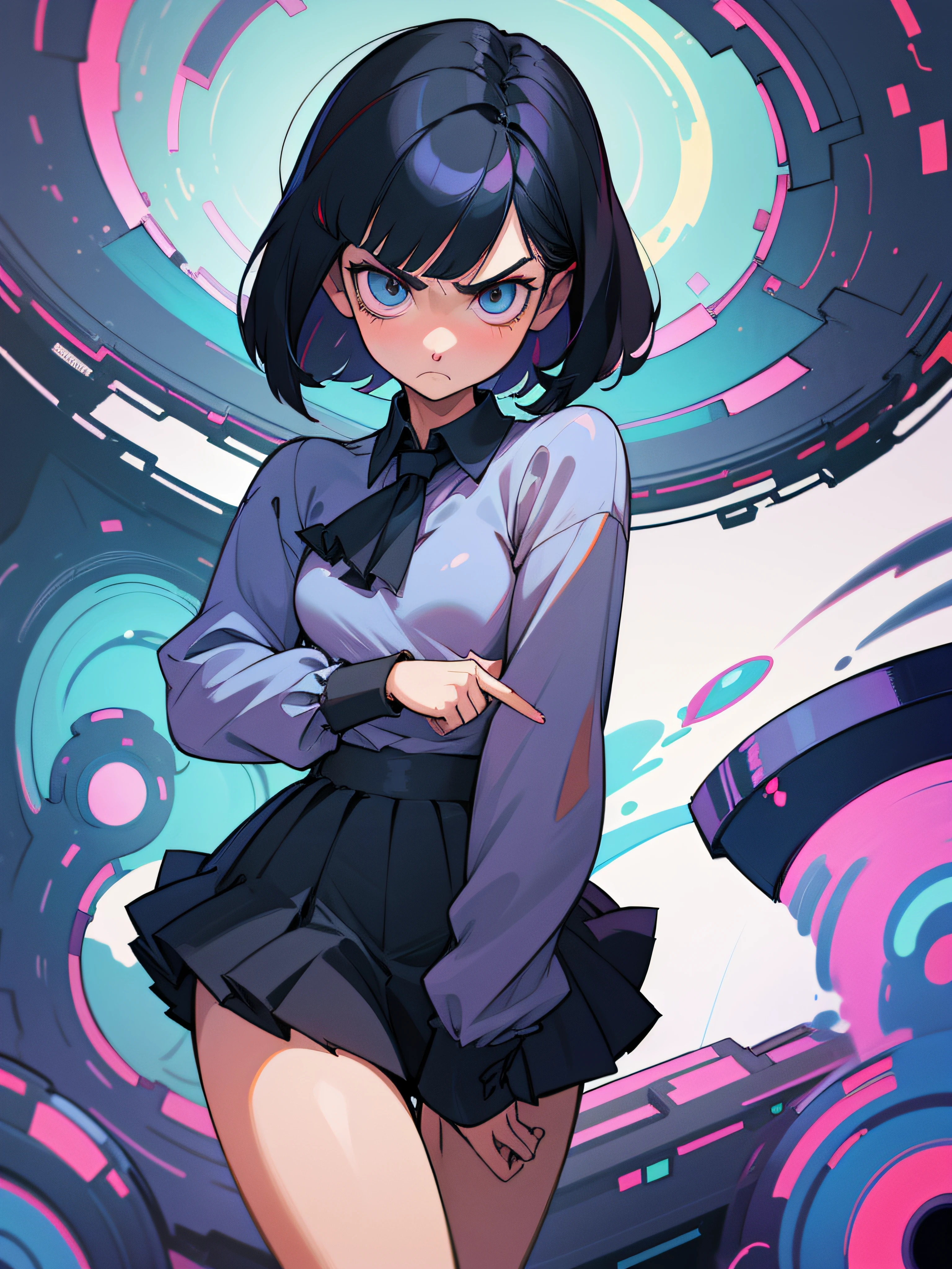 Black Hair Short Bob20Female Generation、a miniskirt、Ruffled shirt、low angles、psychedelic、glaring