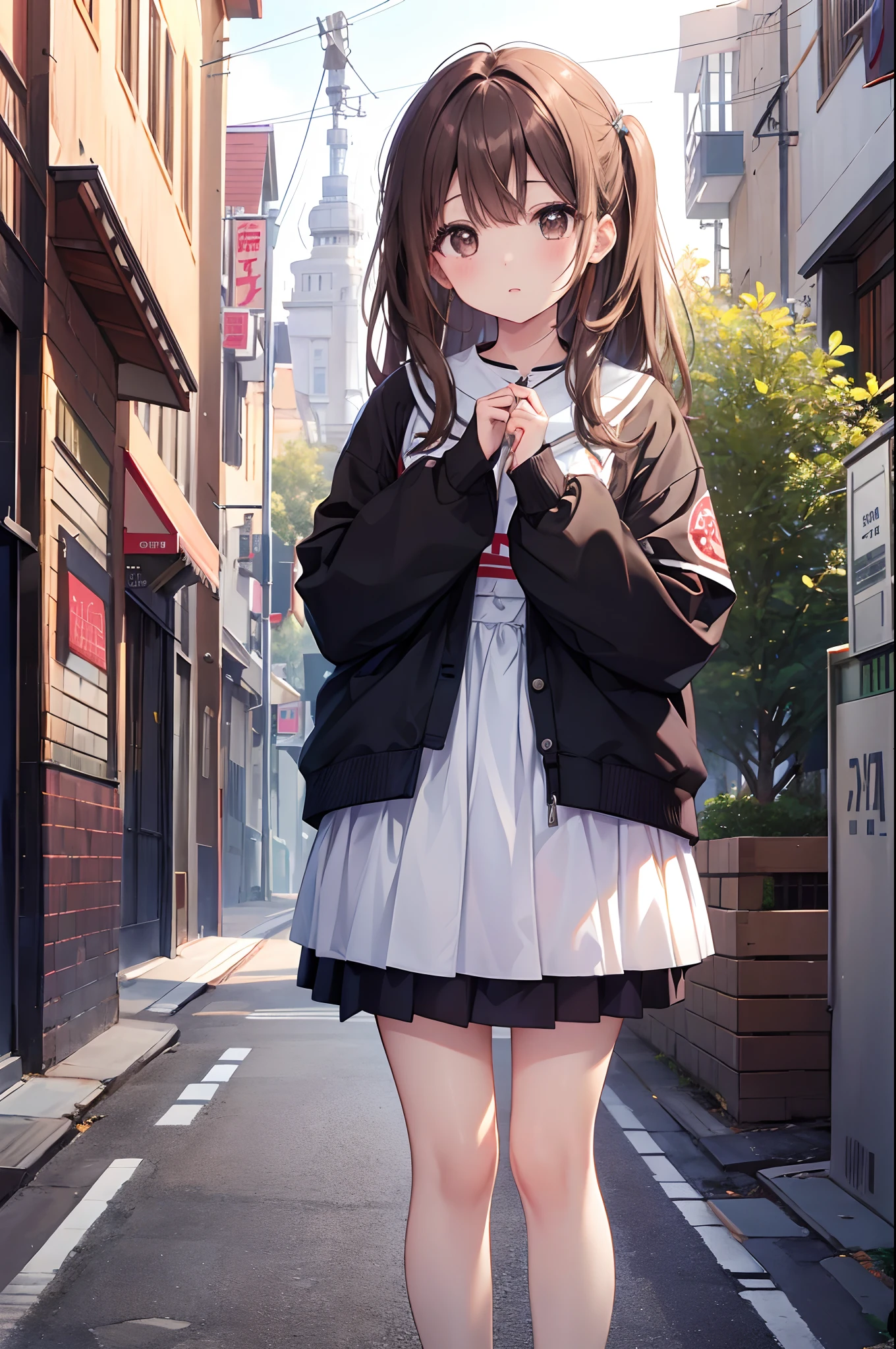 Hi-Res、masterpiece、Chizuru Ichinose、Brown hair、Soio、Female one、Street、细致背景、A detailed eye、((Brown-eyed)),Beautiful and perfect legs, Clean and perfect hands