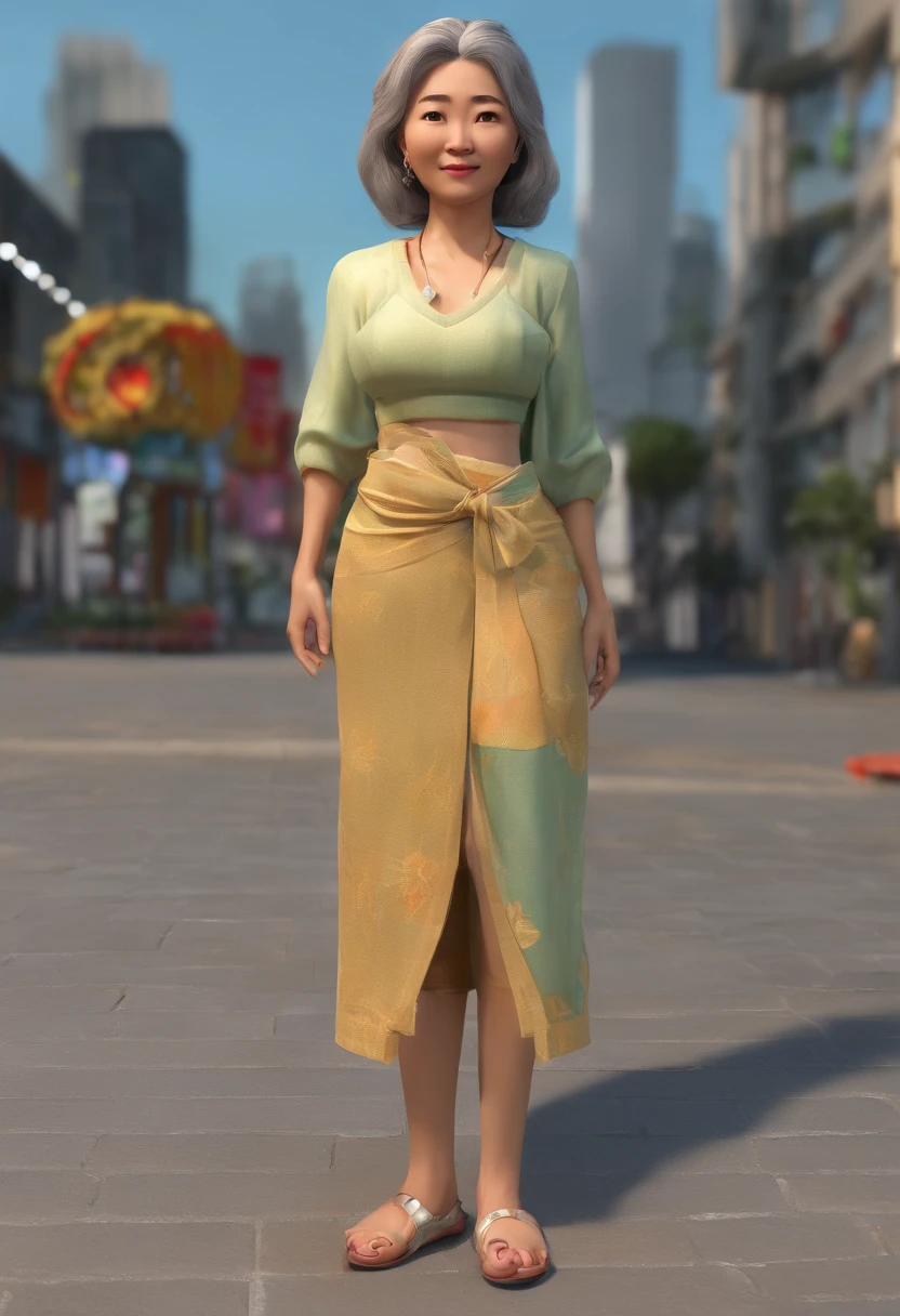 A Vietnamese woman in her 60s who is a noodles seller, with salt-and-pepper hair, a thin figure. She is wearing casual clothes in warm colors, and is 1.6 meters tall. Her figure and face show clear signs of difficult personality. has a fierce temper, and always curses others She is wearing golden bracelets. cartoon art. in front view, half-quarter view and exact rear view. true body scale. she is cursing and stare at someone
