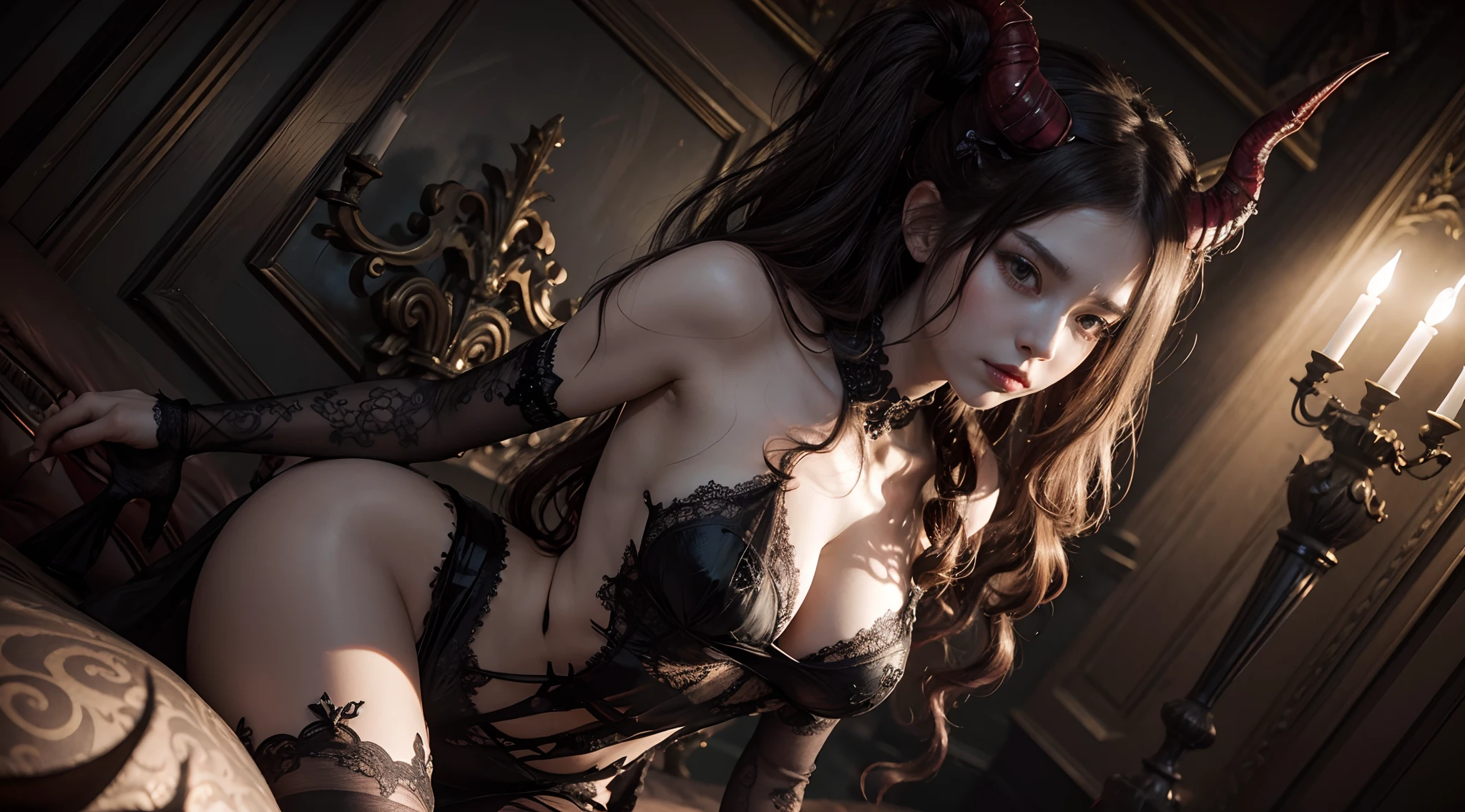 Demon woman with horns dressed in sexy elegant clothes posing for a photo in a dark baroque room, baroque aesthetic, dark baroque, sensual pose, ultra detailed, photorealistic, masterpiece.