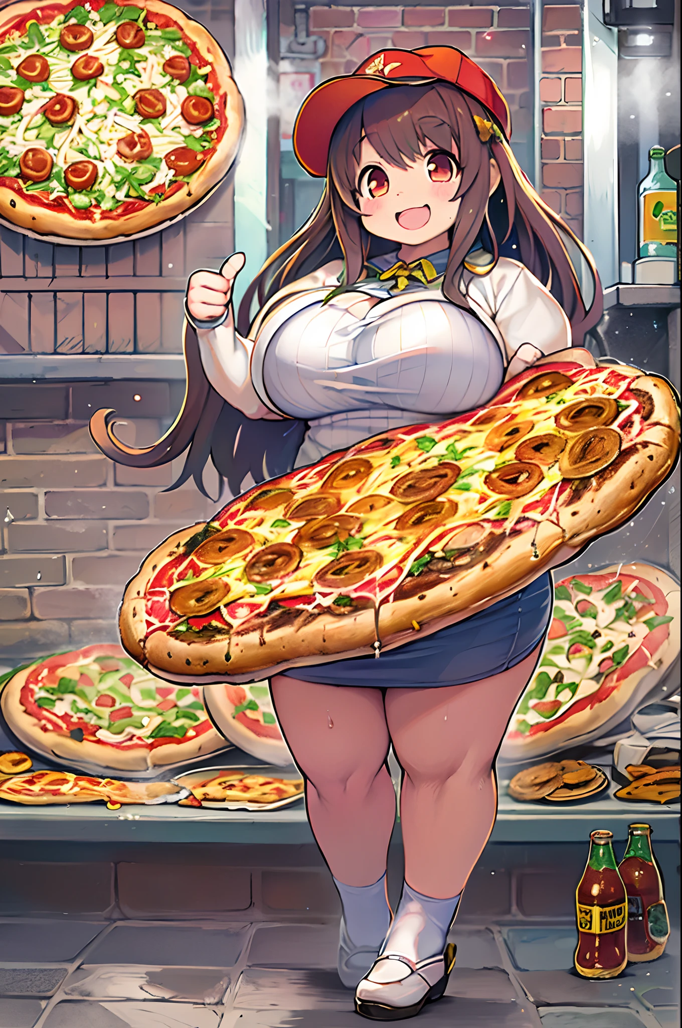 masutepiece, Best Quality, 女の子1人、huge-breasted、bbw、Holding (Giant pizza slices)1.5、Thumbs up、huge smile、Plastic bottles of cola、