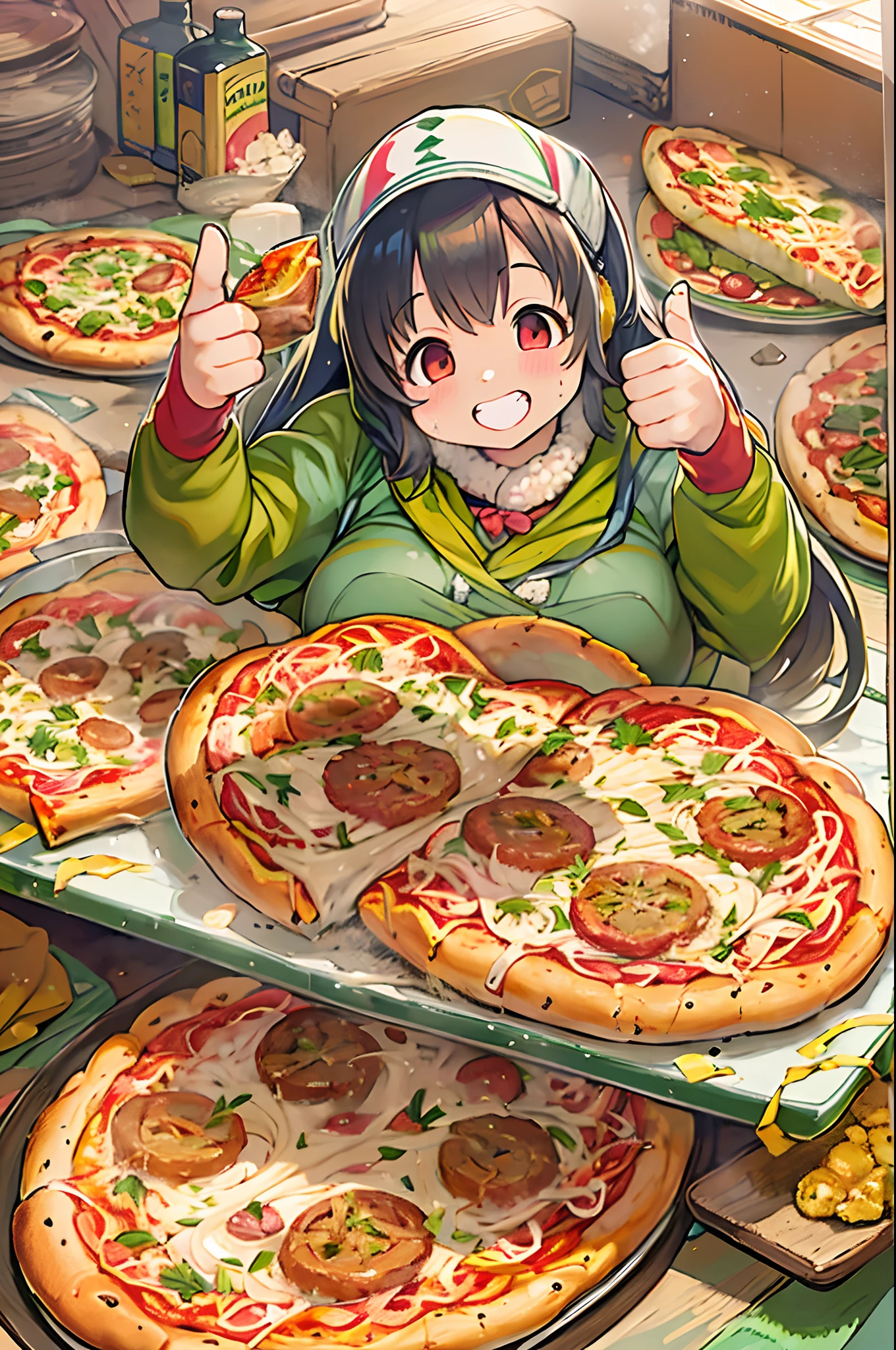 masutepiece, Best Quality, 女の子1人、huge-breasted、bbw、Holding (Giant pizza slices)1.5、Thumbs up、huge smile、Plastic bottles of cola、