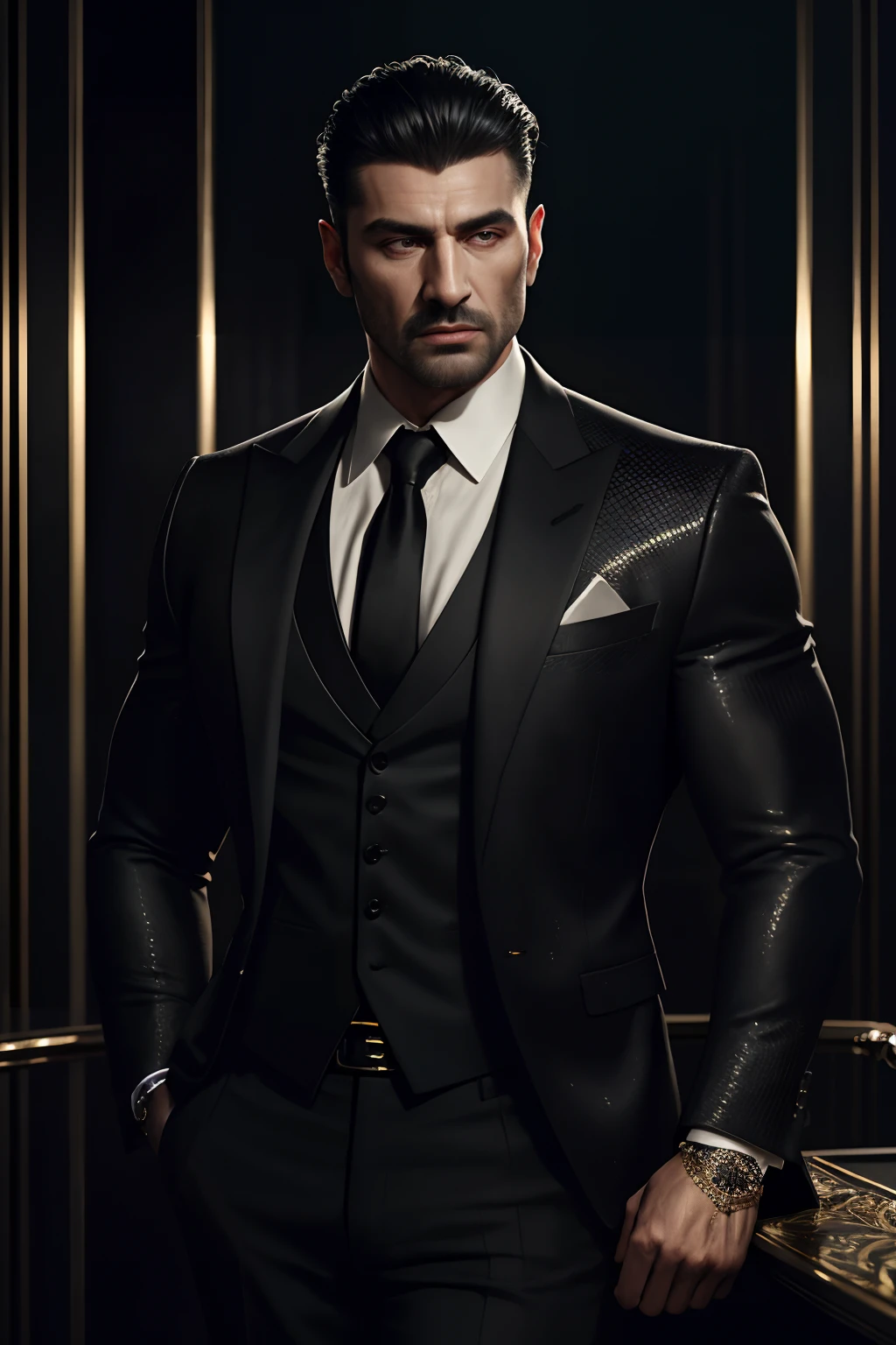 realistic (muscular man:1.1) mob boss, wearing intricate black elegant suite, portrait, short hair, jewelry, in a nightclub, spot lighting the scene, detailed background, intricate details, (illustration), masterpiece, high resolution, best quality.