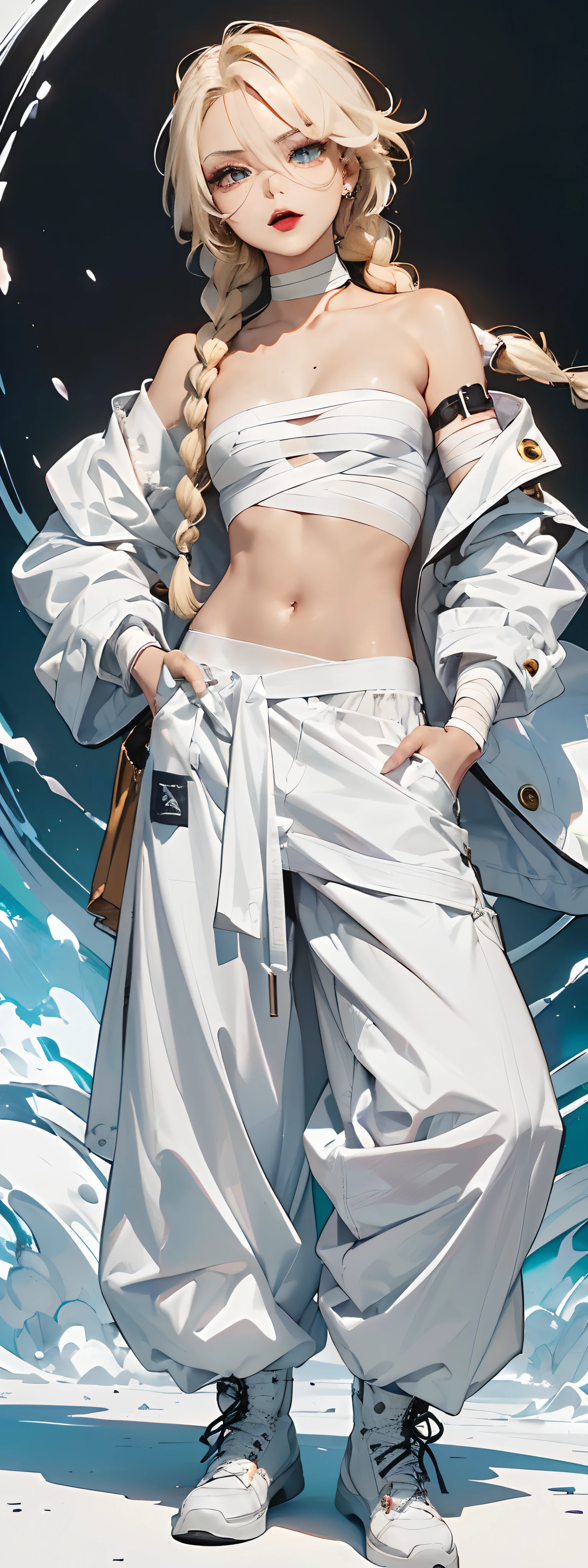 (master piece:1.4),ultra-quality, Hyper Detailed,Perfect drawing,3D Photography,16K illustrations、(((clearface)))、((Hi-Res))、1 persons、((femele))、Abazur、Keep your hands in your pants pockets、(((a blond)))、(((Braids)))、The tattoo、(((Whitening skin)))、((black lipstick))、(Raised corners of the eyes)、((Outrage:1.1))、((chin raised))、(((opens his eyes wide)))、((despise:1.2 )),((glares:1.3 ))、((half-opened mouth))、((Wrinkles between the eyebrows))、(numerous piercings in the ears),BREAK (White theme:1.5), (All-white costume:1.5), (Light long white coat:1.4), (A fusion of white strapless and white bandage:1.4), ((Wrap a white bandage on the torso):1.5), ((White oversized pants, White baggy pants):1.4), (Laced boots:1.2),gulf coast、Embankments、motor bikes、beatiful backgrounds、spot light、Vibrant colors、(((Detailed drawing)))、Perfect Beautiful Girl、(((Perfect Photo)))