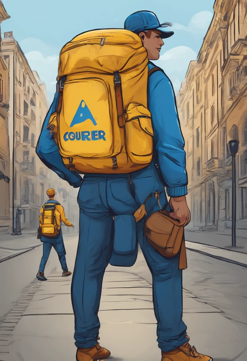 courier with a backpack. his clothes are in blue and yellow colors. in the foreground is a sign with the inscription. made in cartoon style