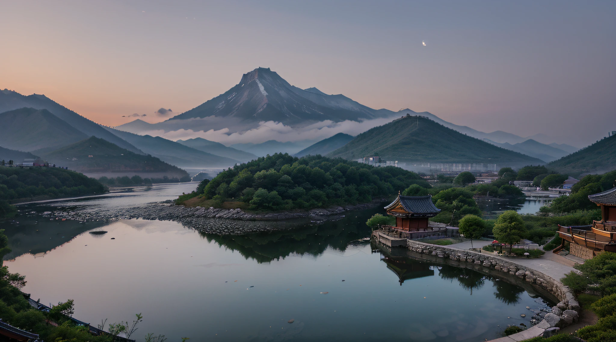 Mountains in Korea, Fantasy, Hanok, lake, moonlit glow, natta, haze