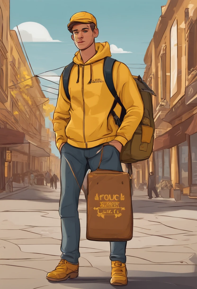 courier with a backpack. his clothes are in yellow colors. in the foreground is a sign with the inscription. made in cartoon style