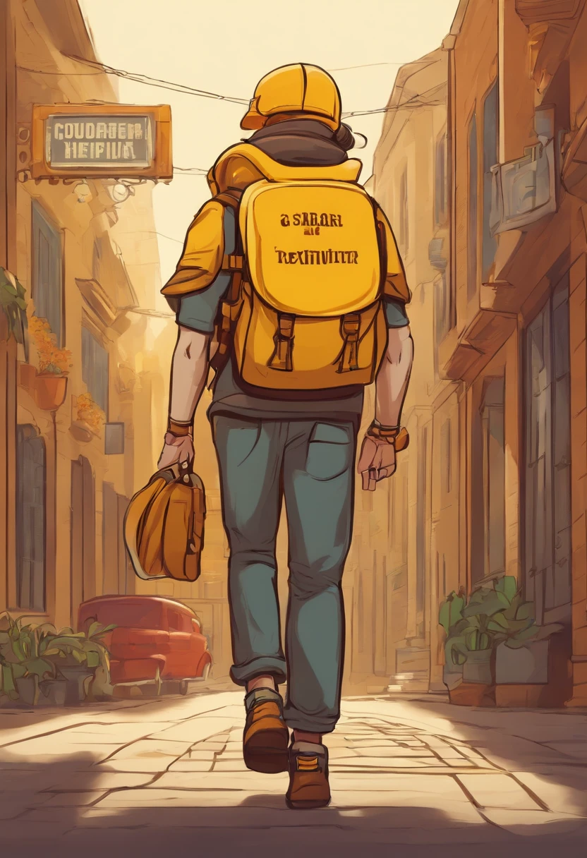 courier with a backpack. his clothes are in yellow colors. in the foreground is a sign with the inscription. made in cartoon style