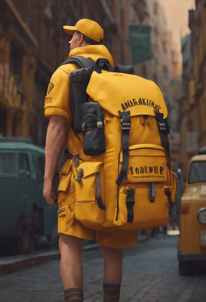 courier with a backpack. his clothes are in yellow colors. in the foreground is a sign with the inscription. made in cartoon style