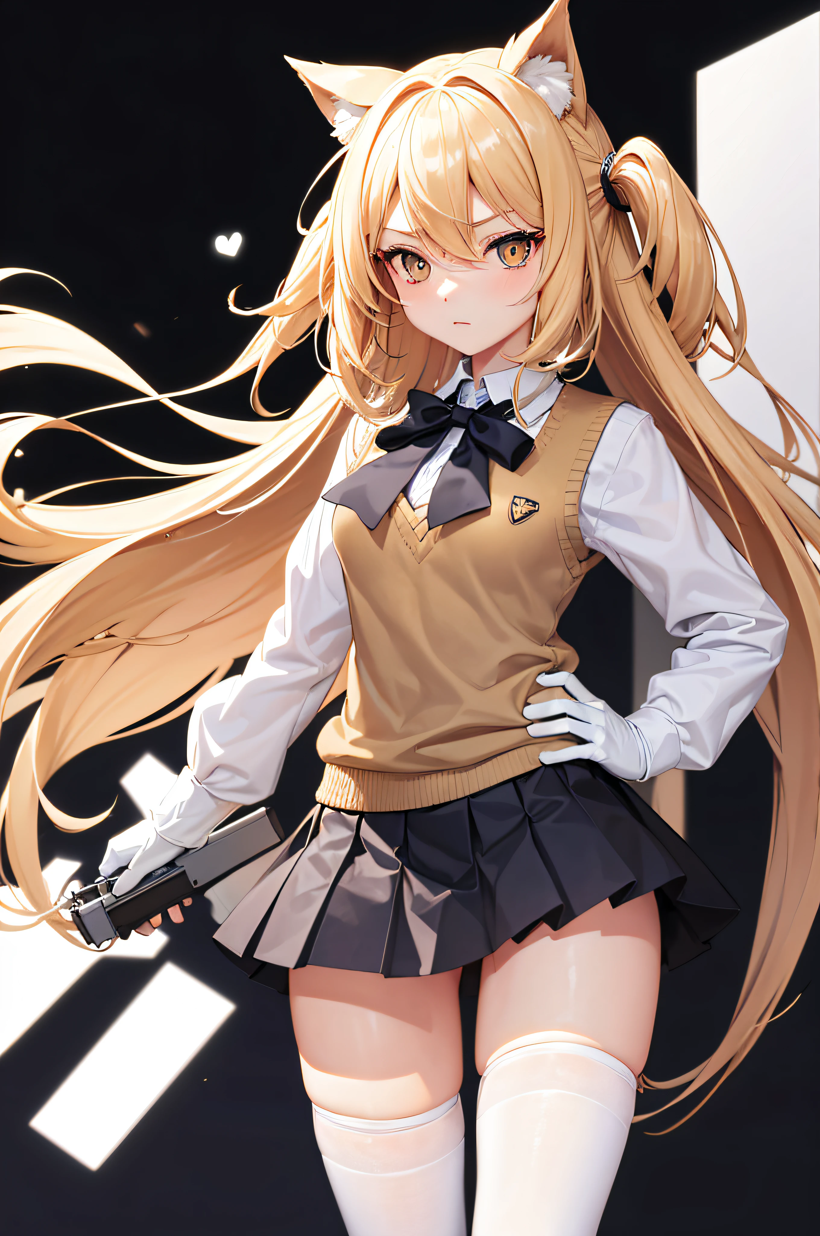 Girl with long blonde hair, A white shirt stands in front of a white background, Gun in hand, 1 girl, Blonde hair, Breasts, controller, Whole body, mitts, Long hair, Looking at the audience, Close one eye, Pleated skirt, school uniform, shokuhou misaki, short- sleeved, Skirt, Solo, sweater vest, pupils in symbol shapes, upper legs, Transparent background, White gloves, White leg suit, Yellow eyes, zettai ryouiki