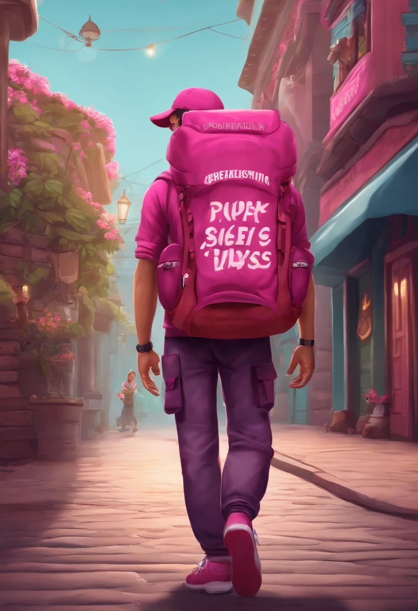 courier with a backpack. his clothes are in dark pink colors. in the foreground is a sign with the inscription. made in cartoon style