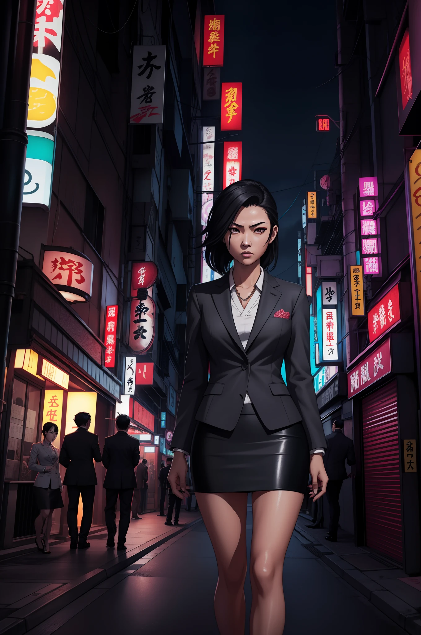 japanese yakuza mobster girl with a dark gray suit, miniskirt, pencil skirt, facial scar, stylish, hdr, intricate details, hyperdetailed, cinematic, rim light, danger atmosphere, noir, night, cyberpunk lighting, tokyo street,