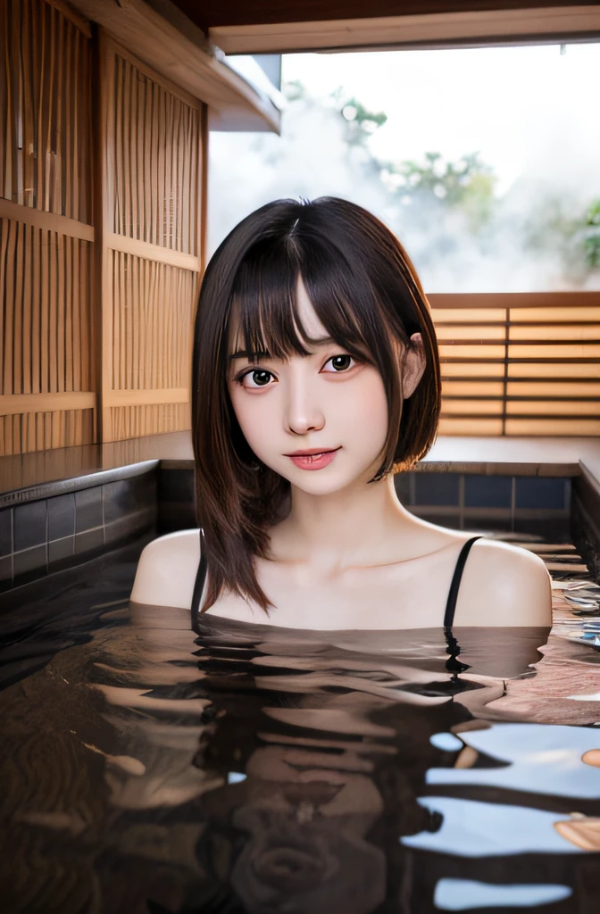 masutepiece, Best Quality, 1girl in, (a beauty girl, cosplayer:1.2), (:1.2), Very fine eye definition, (Symmetrical eyes:1.3), NSFW, (Onsen, , cover the body with steam:1.3), Beautiful breasts, Brown eyes, Parted bangs, Brown hair, Upper teeth