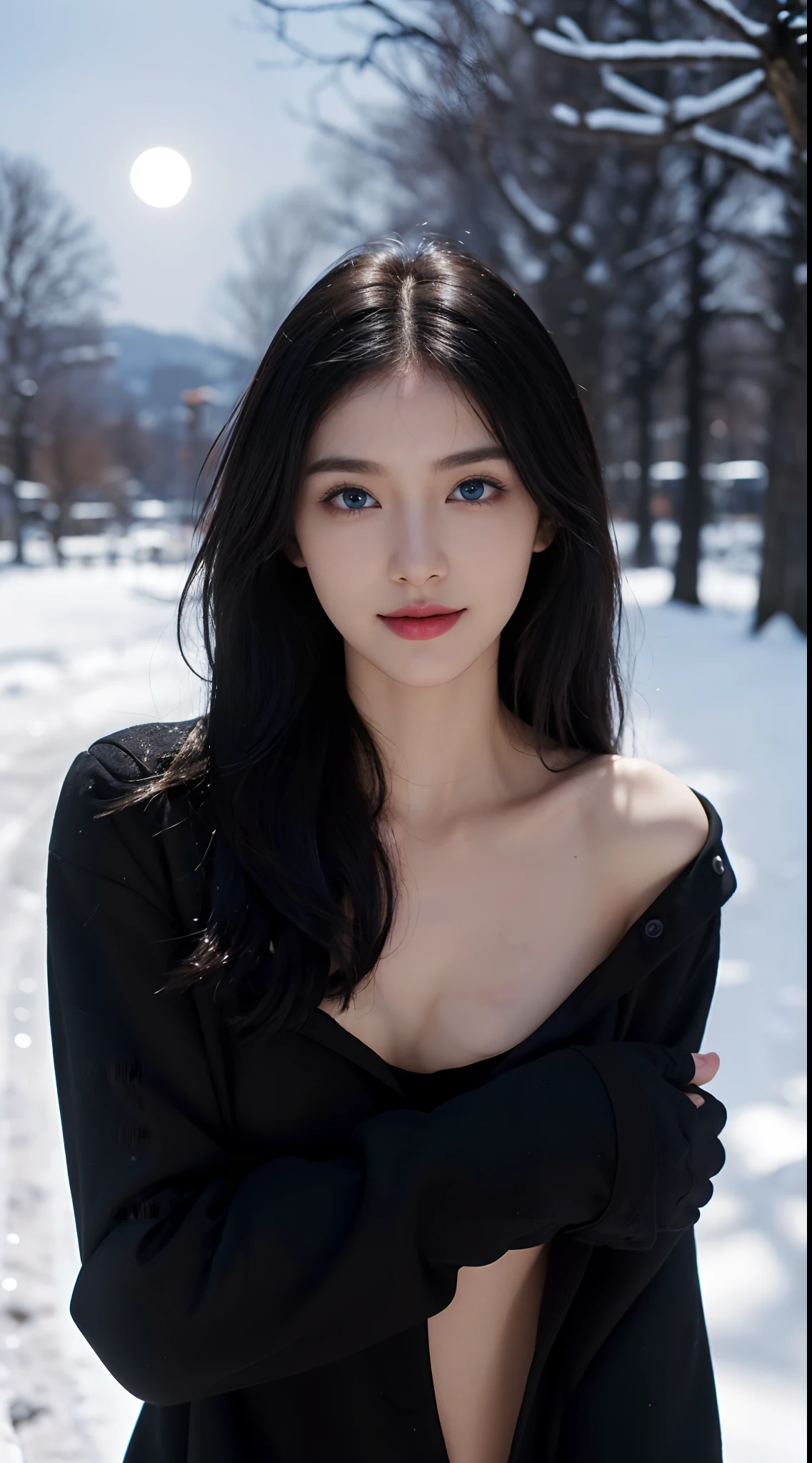 Best quality, masterpiece, ultra high res, (photorealistic:1.5), raw photo, 1girl, in the park, deep shadow, low key, cold light, sexy look, long hair, fabric bra, winter, snow