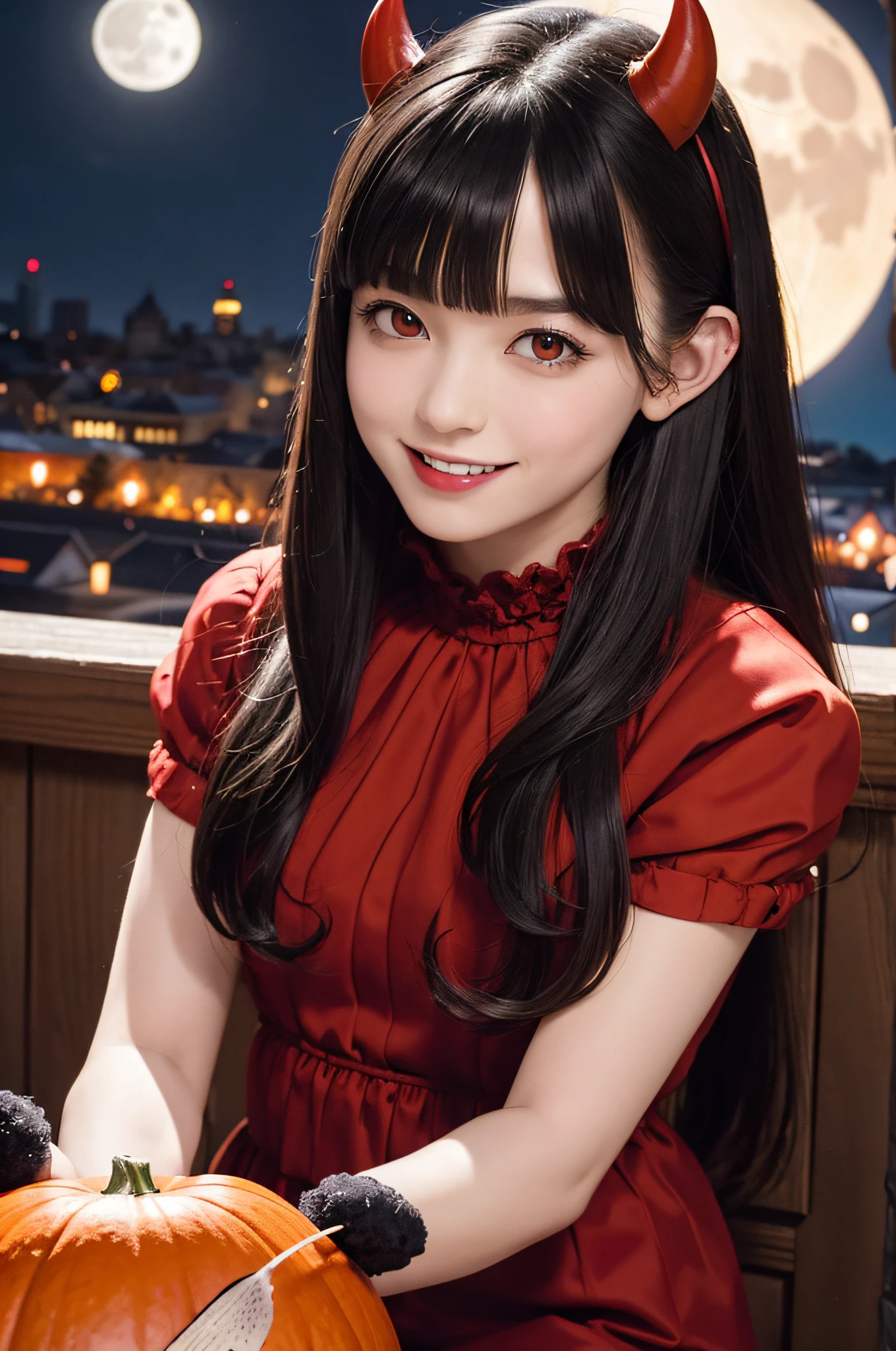masterpiece、top-quality、ultra-detailliert、Halloween, pumpkins, Long Black Hair, Red Eyes, Smile, Blunt bangs, Ahoge, Night, Pointed ears, Little Devil Hornhead, Moon, Vampire
