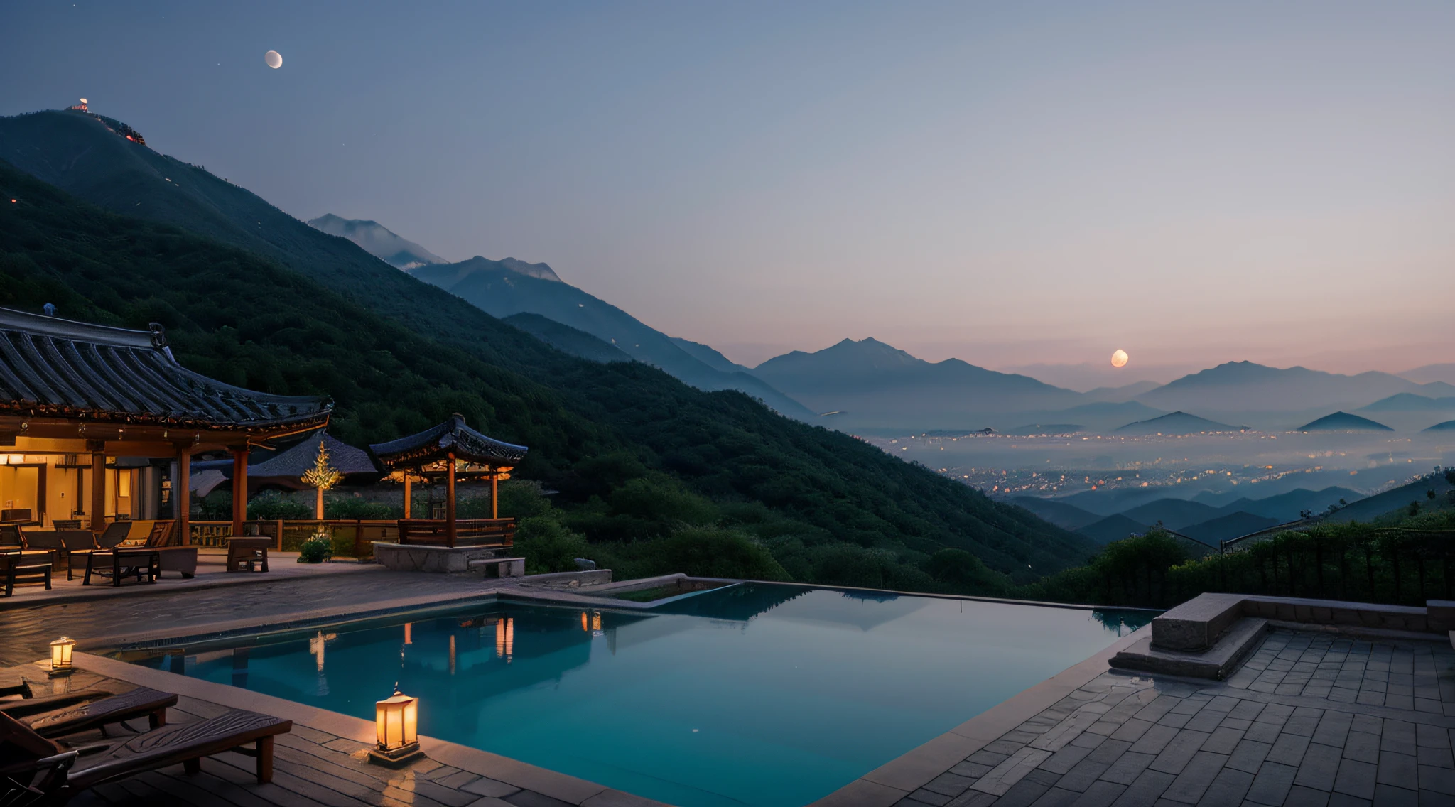 Mountains in Korea, View from the pool, candles, Dreamy, Hanok, valley, moonlit glow, natta, haze