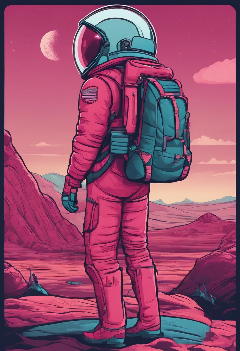 Courier with backpack. He's on another planet. His clothes are in dark pink colors. In the foreground is a sign with the inscription. Made in cartoon style