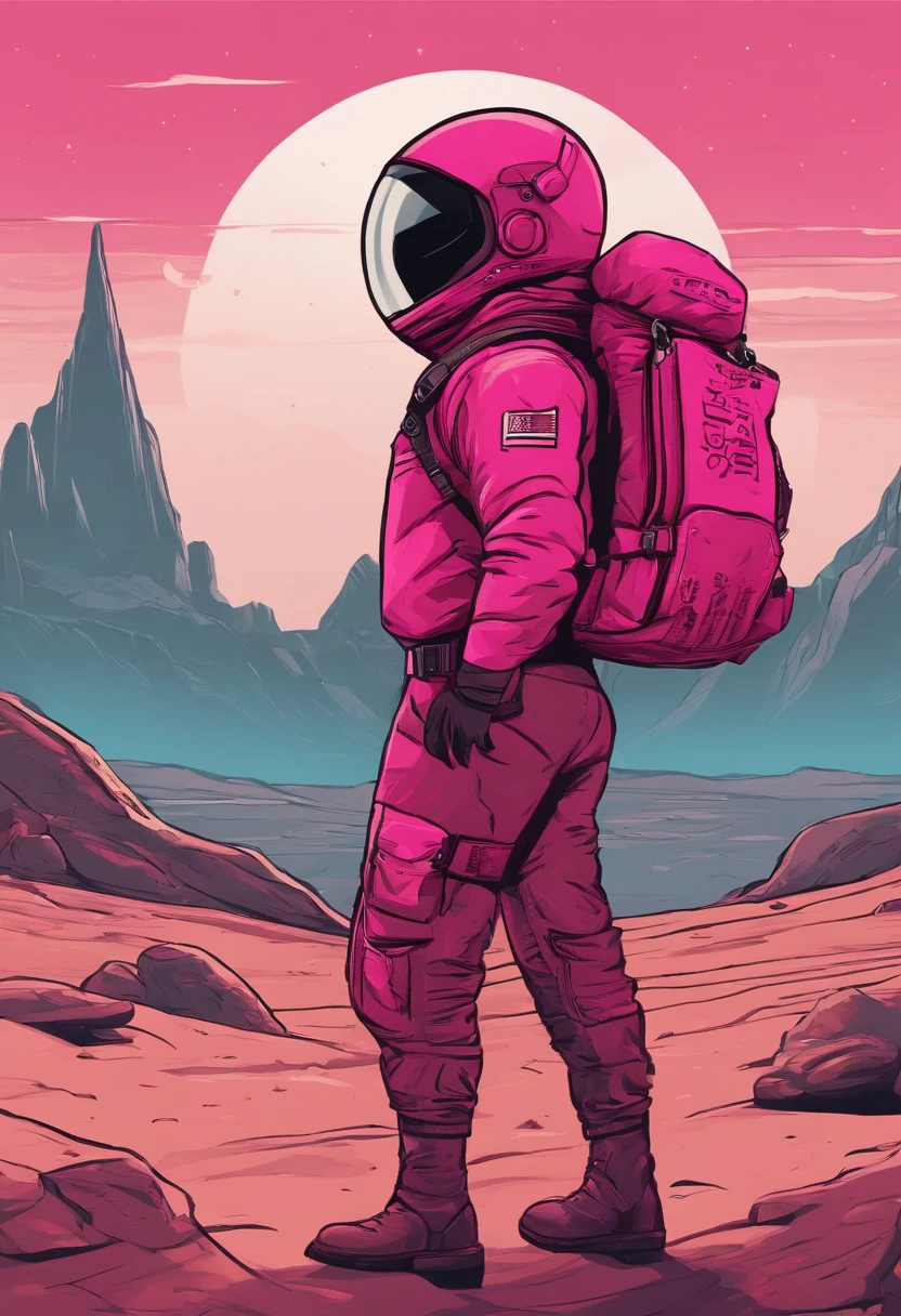 Courier with backpack. He's on another planet. His clothes are in dark pink colors. In the foreground is a sign with the inscription. Made in cartoon style