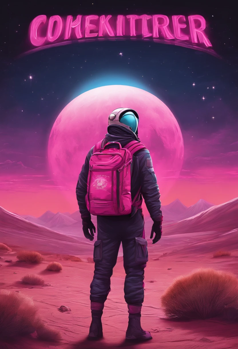 Courier with backpack. He's on another planet. His clothes are in dark pink colors. In the foreground is a sign with the inscription. Made in cartoon style