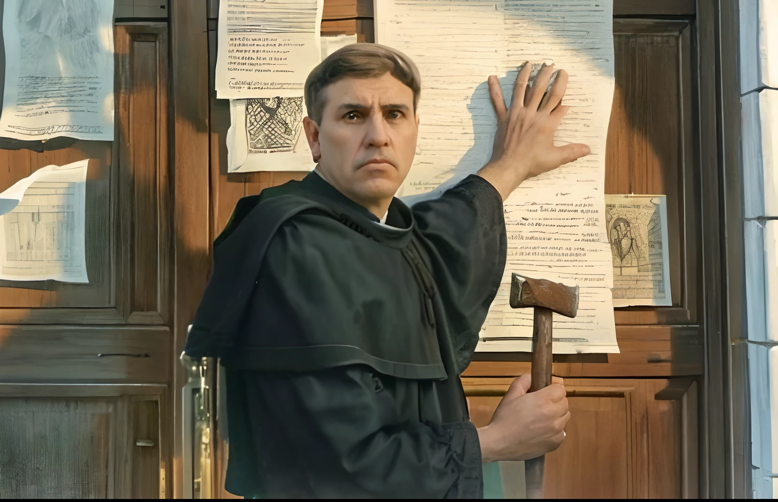 Martinho Lutero, theologian, Advogado protestante, Contempt Facial Expression, desprezar o ROSTO, roupas pretas modestas, 16th century, Renascimento, Age of Exploration, idade de 32 anos, meia-idade, Man, German, Legal, zelo, impressionante, inteligente, esperto, solene, Holy, sem crista, Lowborn, Serious, Sentindo-se inseguro, confiante, determinado, careca, With hammer in right hand, Left hand holding papers at the door of Weintenberg Chapel