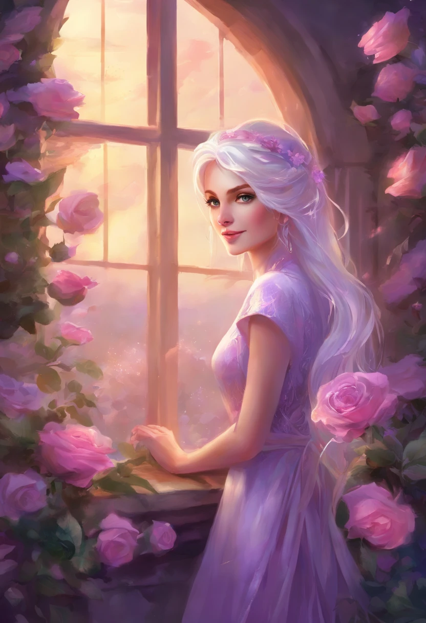 comfortable smile,man,be looking straight ahead,solo,long white&purple hair, purple eyes, white shirt, upper body, holding mauve roses, fantasy beautifully lit window,