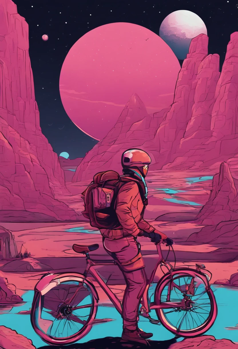 courier with a backpack on a bicycle. he is on another planet. his clothes are in dark pink colors. in the foreground is a sign with the inscription. made in cartoon style