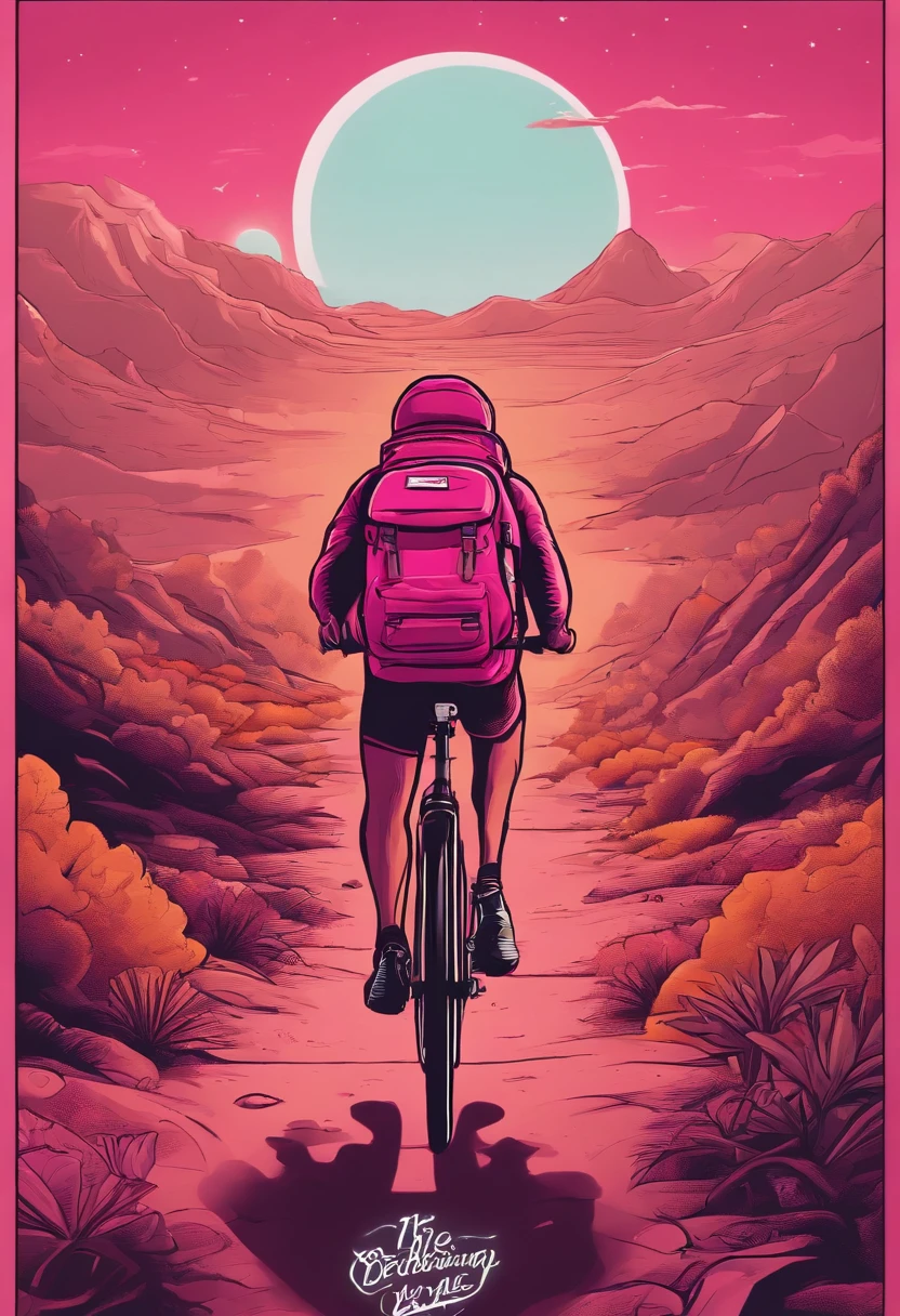 courier with a backpack on a bicycle. he is on another planet. his clothes are in dark pink colors. in the foreground is a sign with the inscription. made in cartoon style