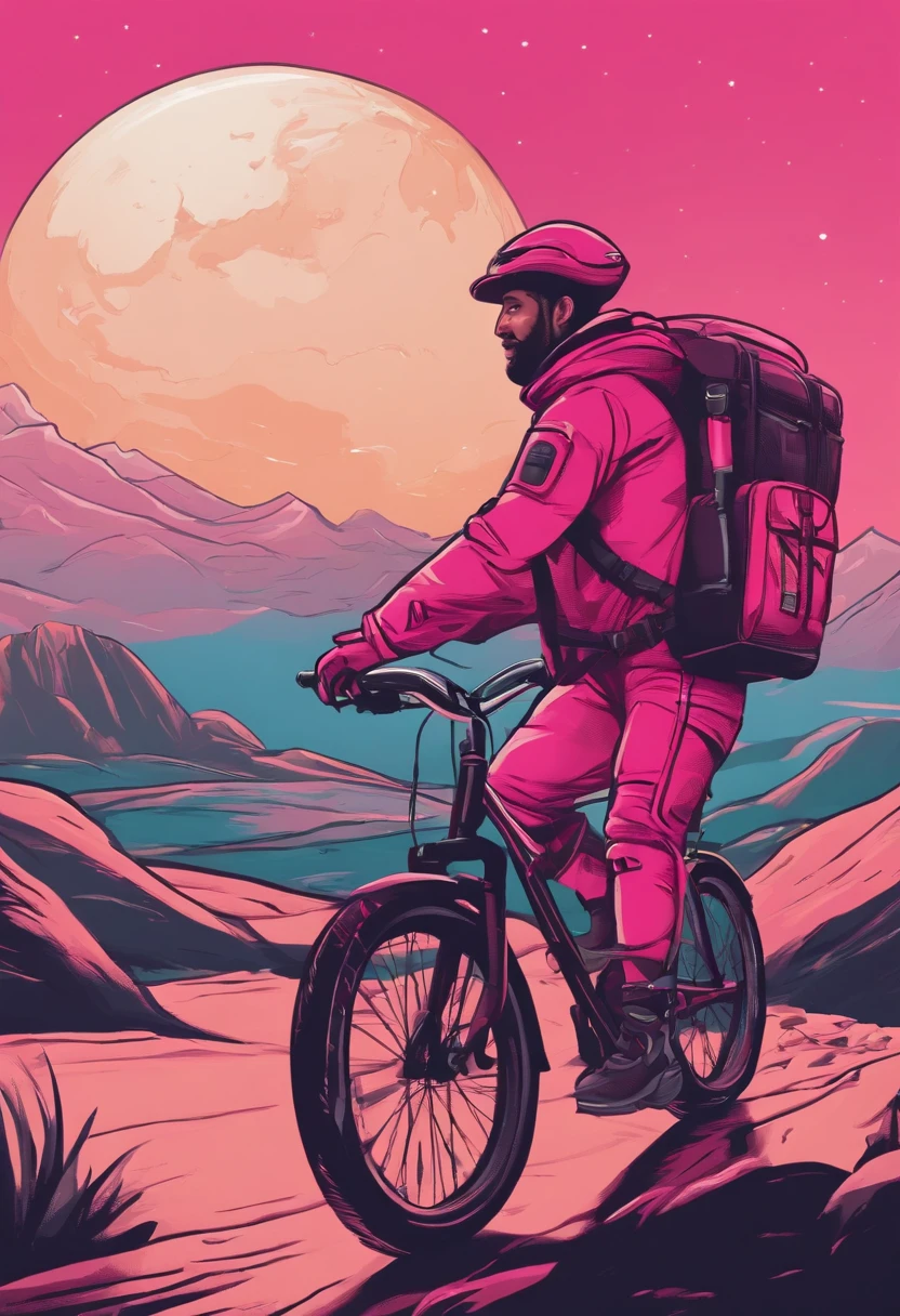 courier with a backpack on a bicycle. he is on another planet. his clothes are in dark pink colors. in the foreground is a sign with the inscription. made in cartoon style